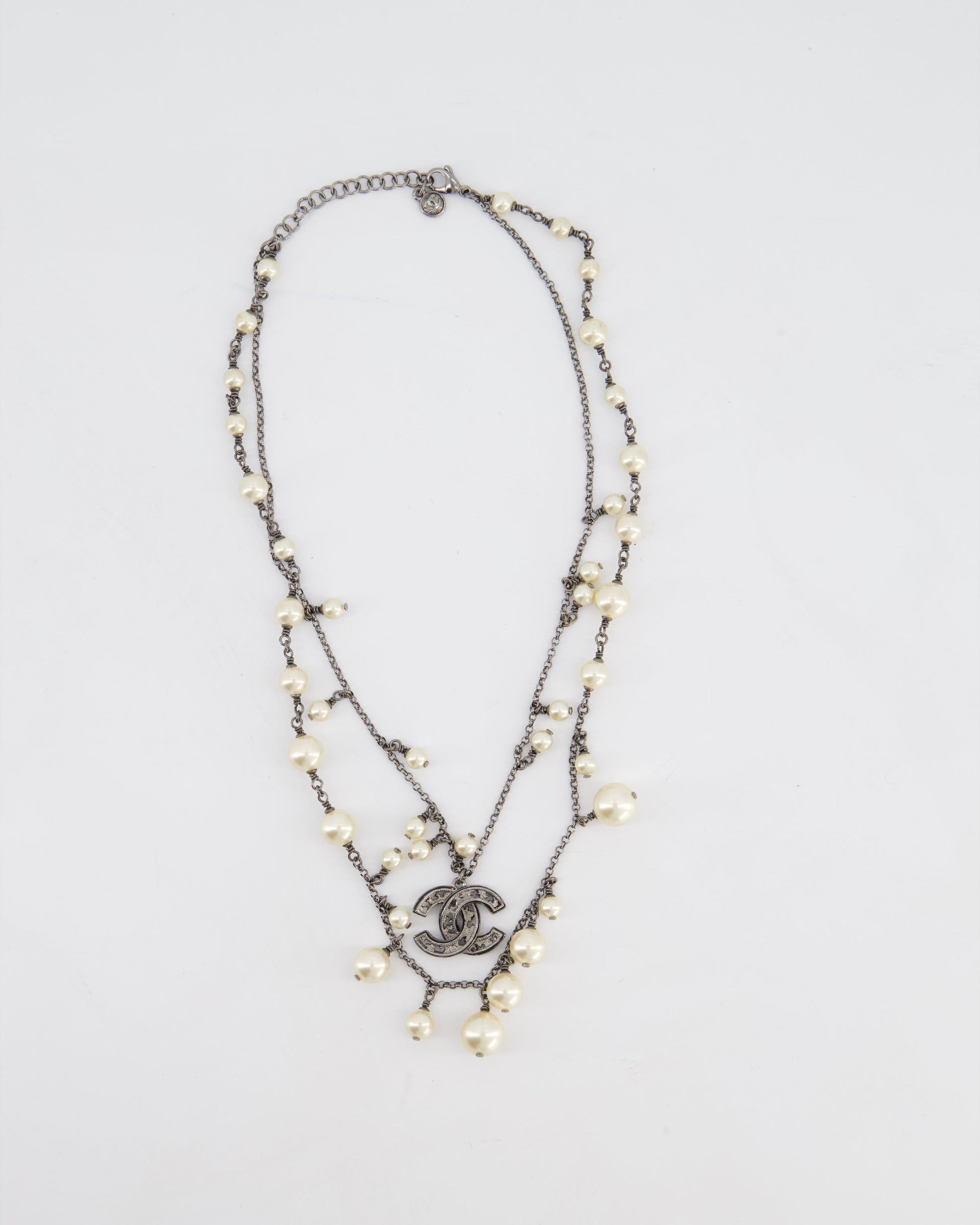 Chanel 10/a Grey Ruthenium Pearl CC Double Chain Necklace