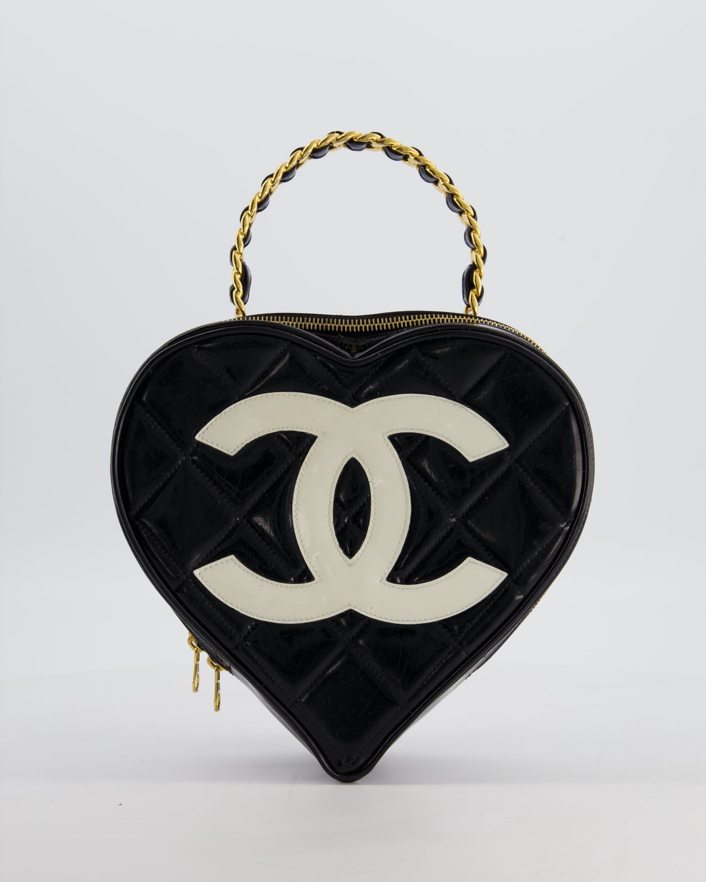 Chanel *Rare Collectors Item* Black Heart Vanity Bag With White Cc Logo And Gold Chain Handle Detail