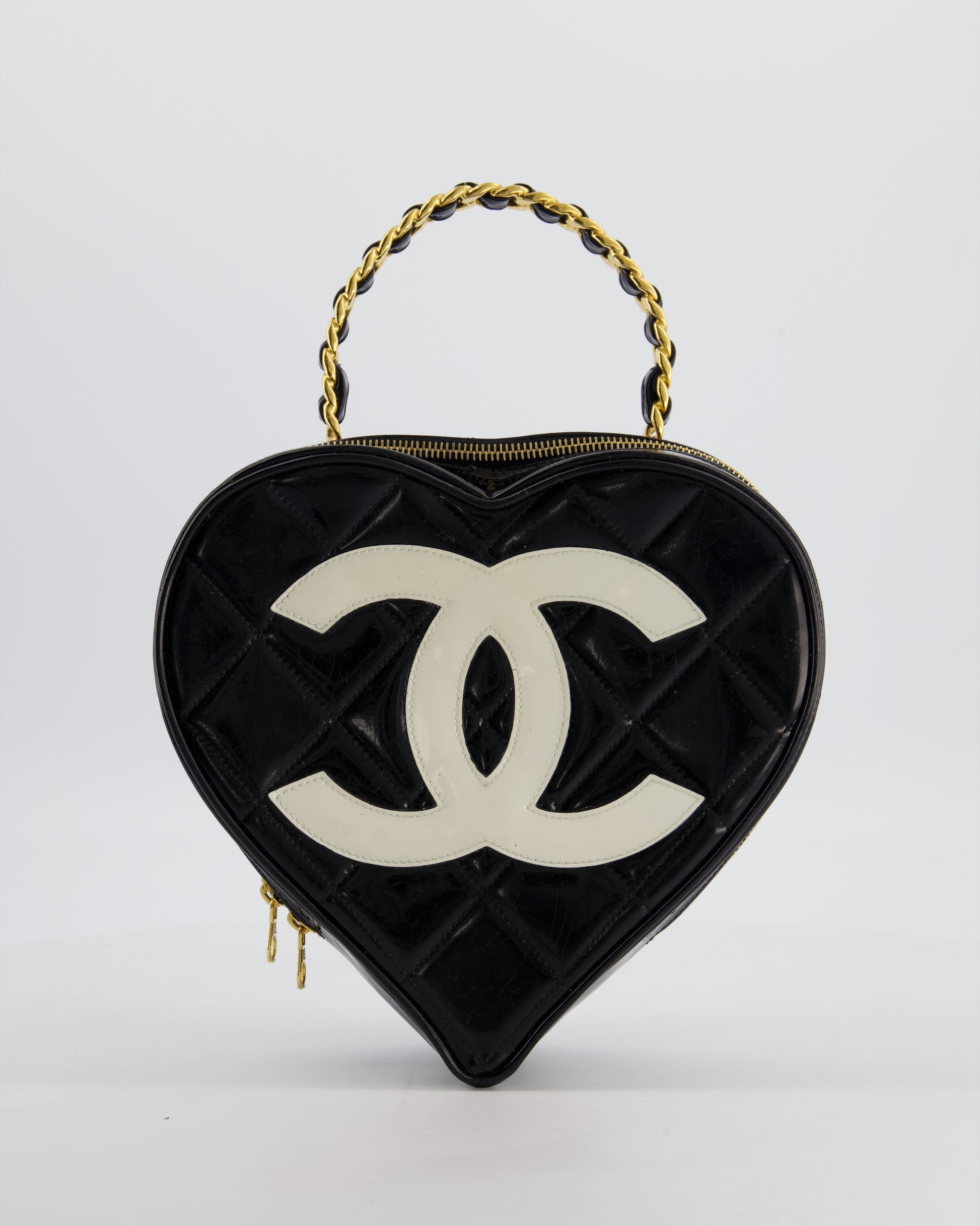 *RARE COLLECTORS ITEM* Chanel 1995   Black Heart Vanity Bag with White CC Logo and Gold Chain Handle Detail