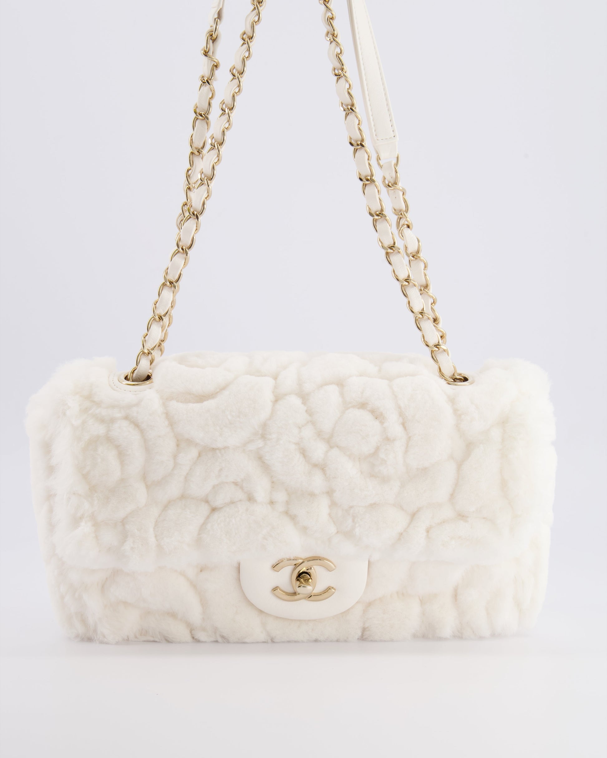 Chanel *Rare* White Rabbit Fur Classic Single Flap Bag With Camelia Flower Motif And Champagne Gold Hardware