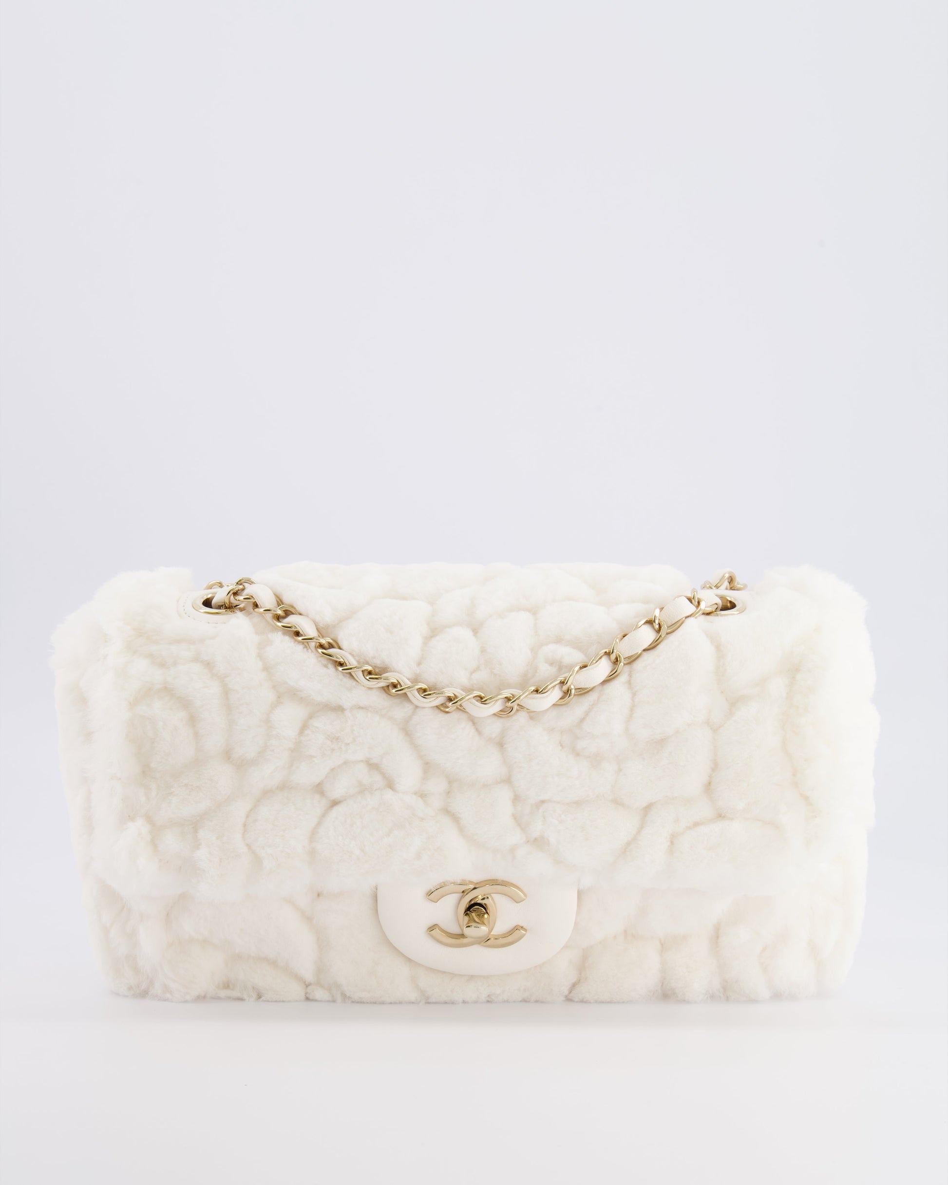 Chanel *rare* White Rabbit Fur Classic Single Flap Bag with Camelia Flower Motif and Champagne Gold Hardware