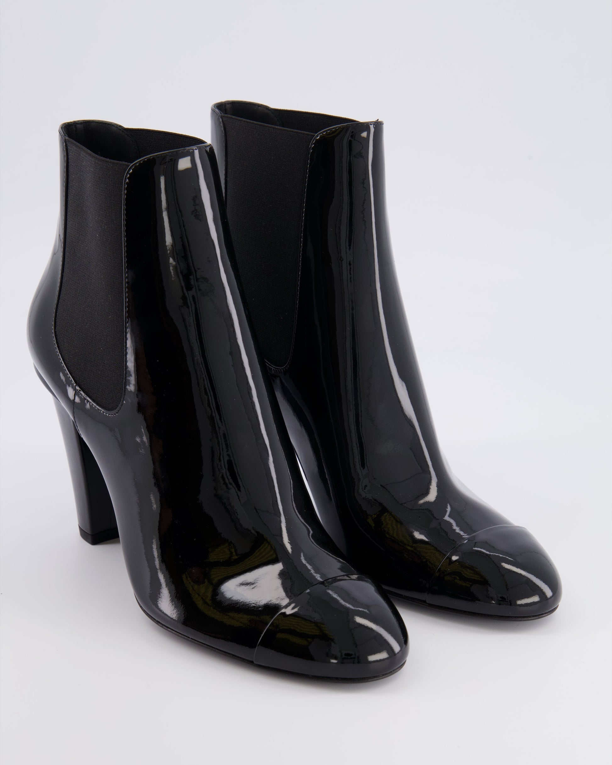 Chanel Black Patent Leather Heeled Ankle Boots with Black CC Logo Detail Size Eu 40 for Women