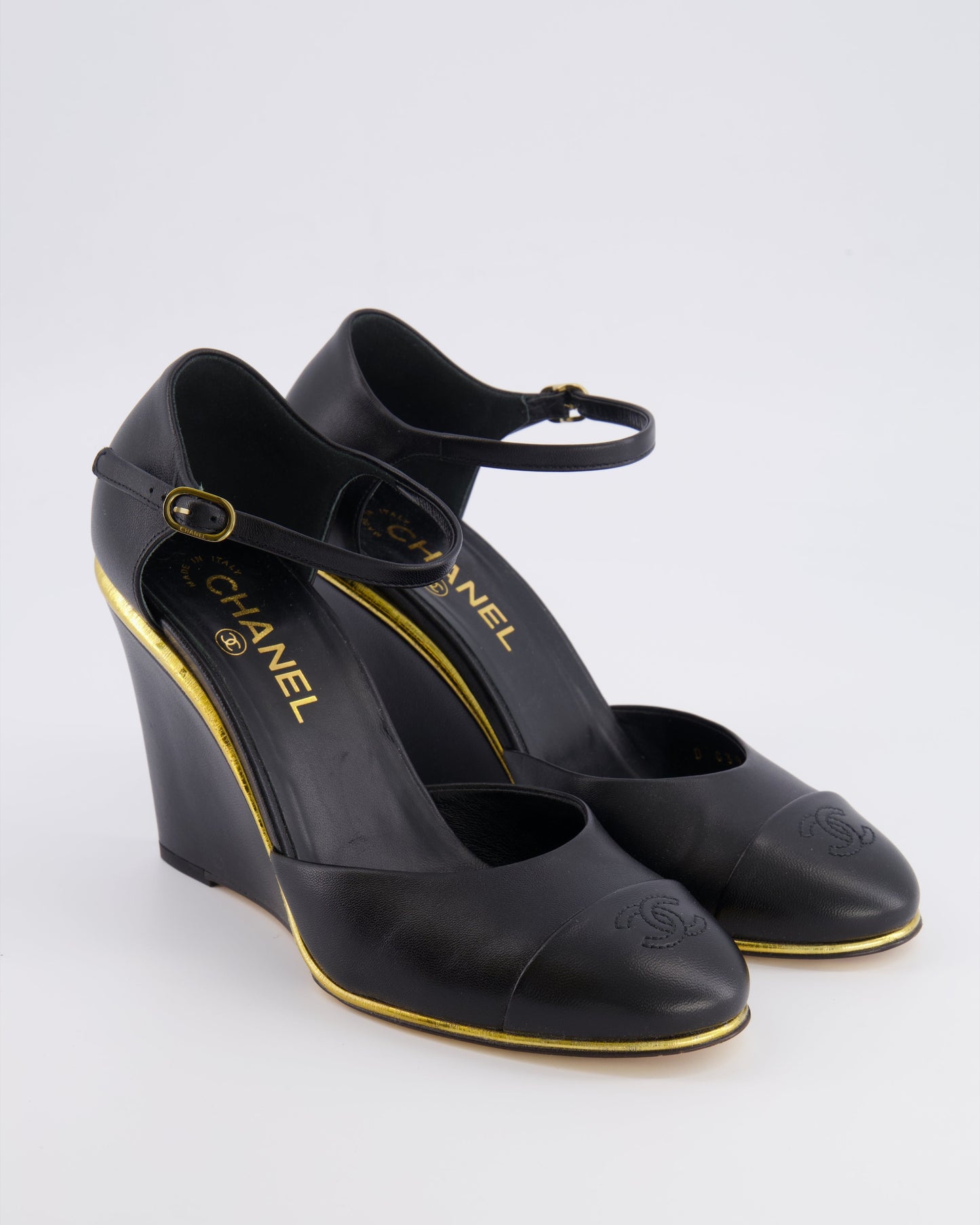 Chanel Black Leather Wedge Heels with CC Logo Detail and Gold Detailing Size Eu 39 for Women