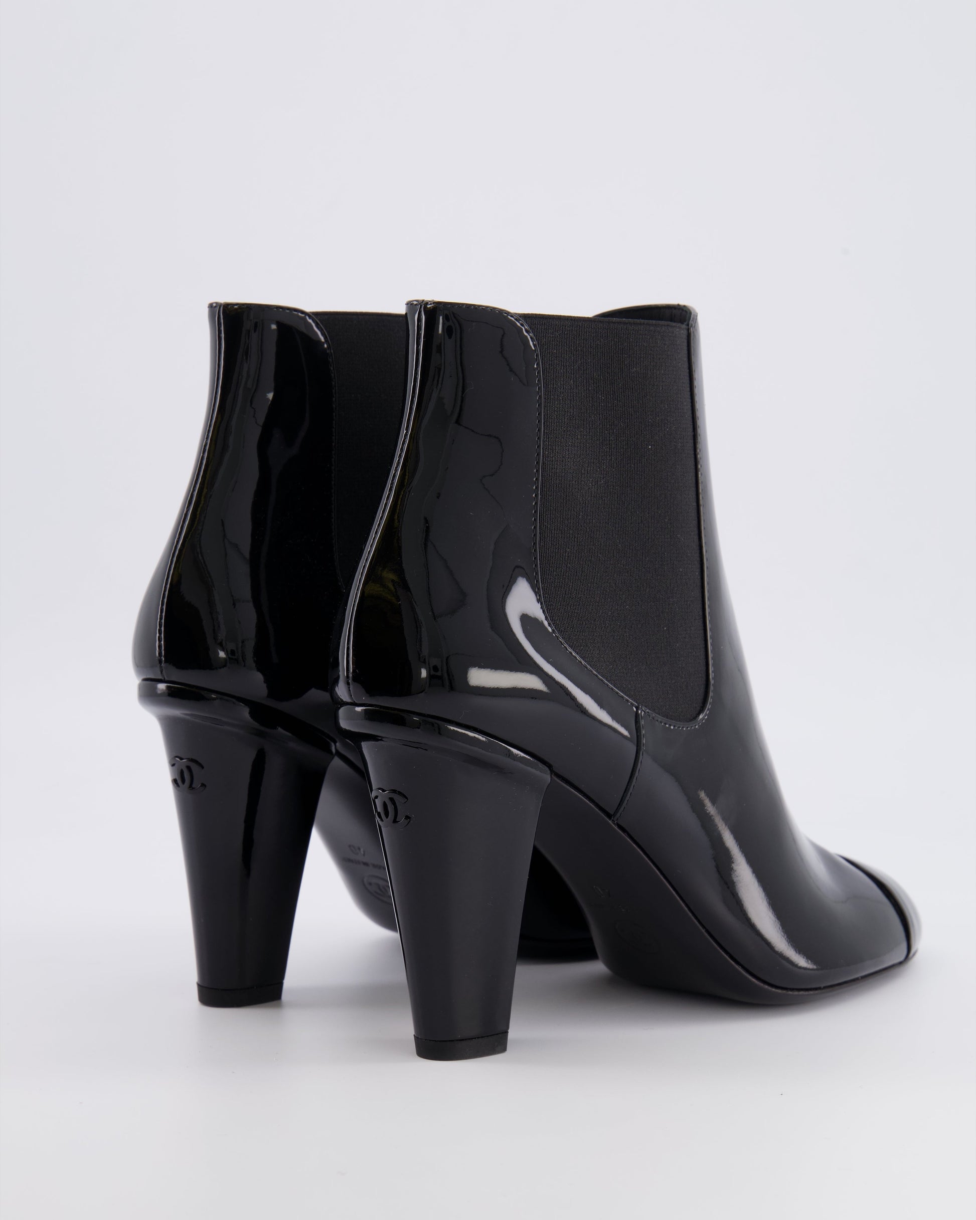 Chanel Black Patent Leather Heeled Ankle Boots with Black CC Logo Detail Size Eu 40 for Women
