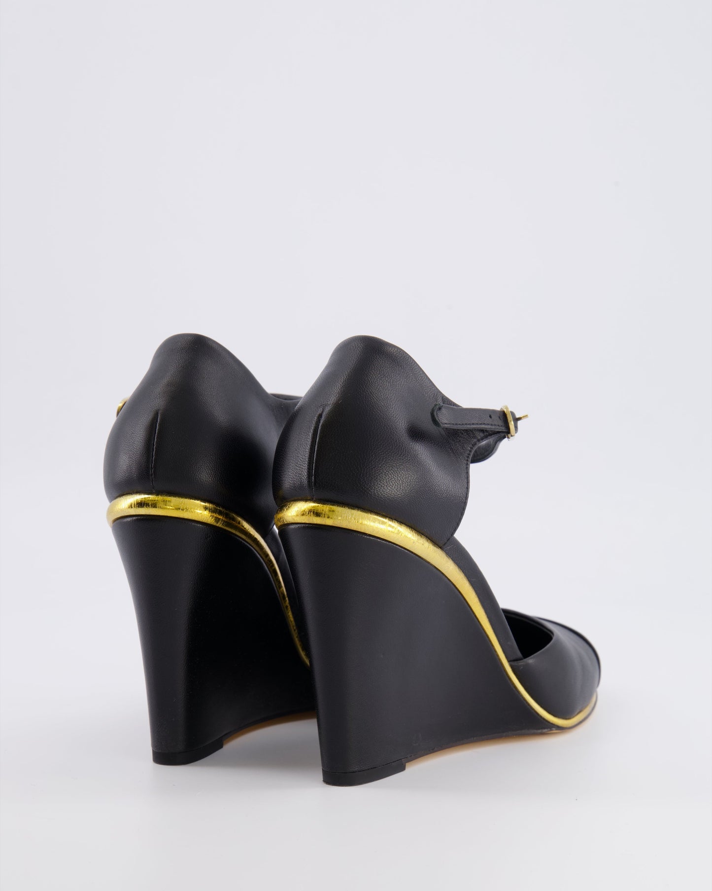 Chanel Black Leather Wedge Heels with CC Logo Detail and Gold Detailing Size Eu 39 for Women