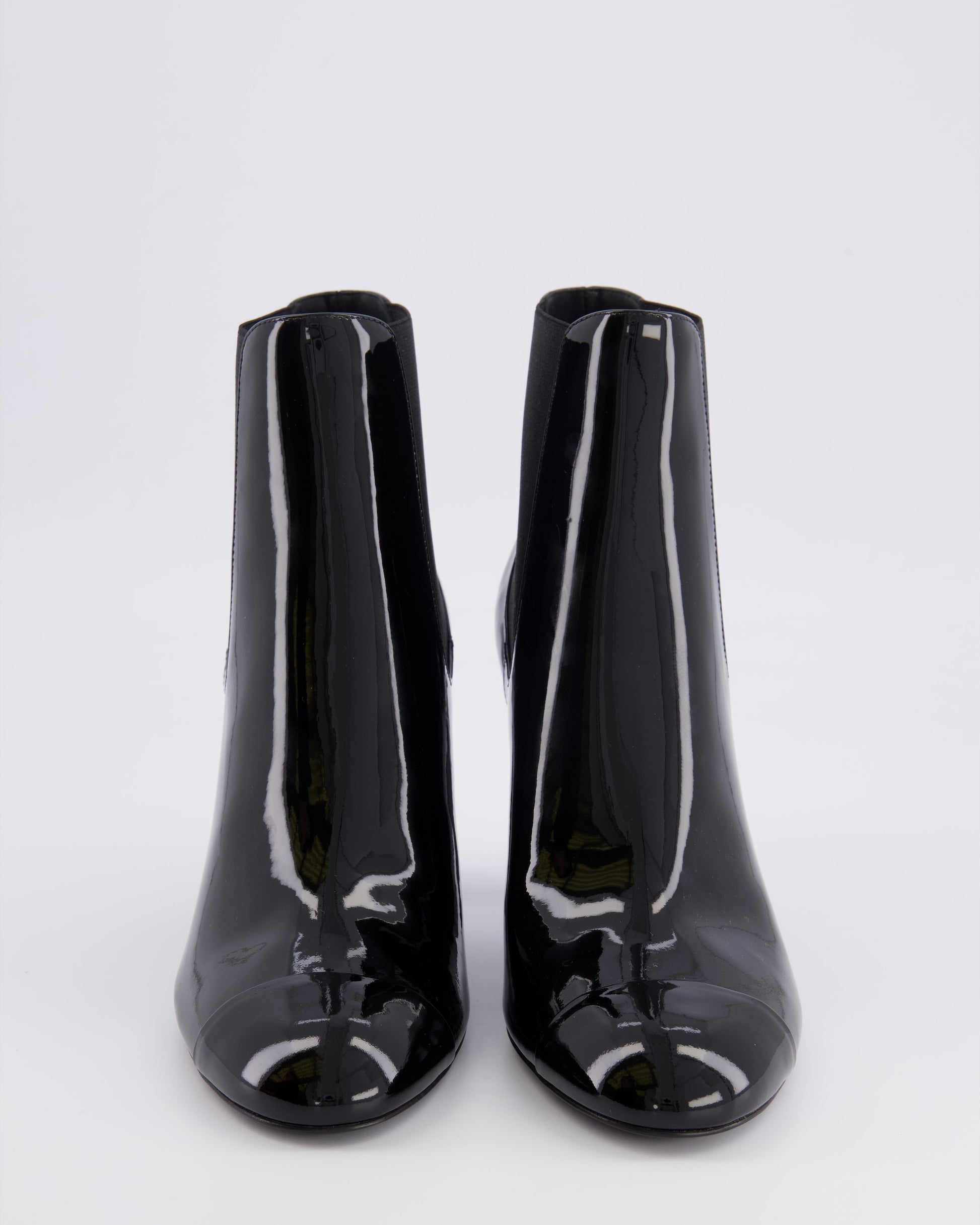 Chanel Black Patent Leather Heeled Ankle Boots with Black CC Logo Detail Size EU 40