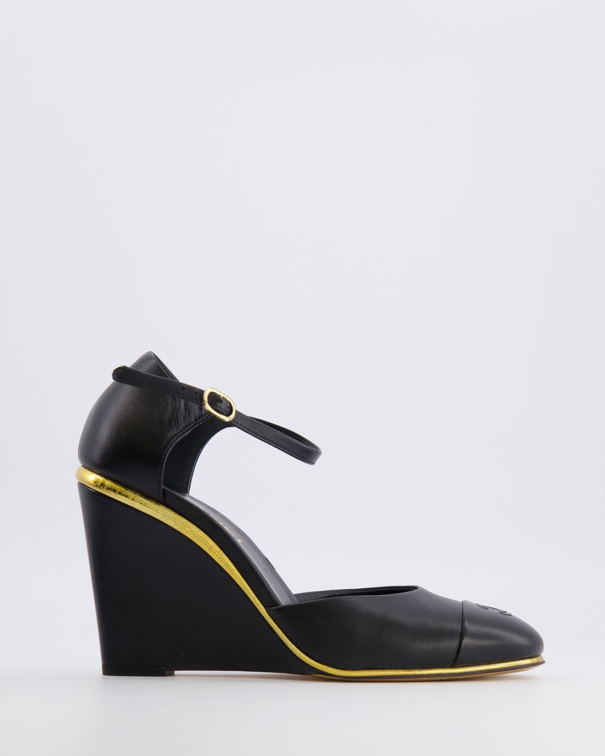 Chanel Black Leather Wedge Heels With Cc Logo Detail And Gold Detailing Size Eu 39