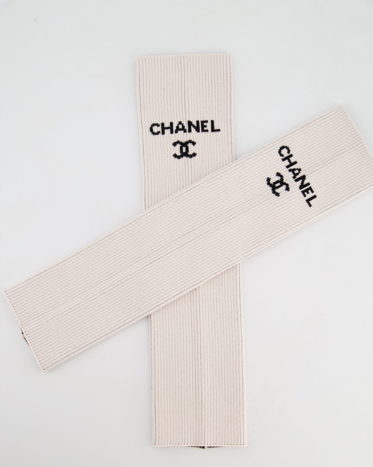 Chanel Light Pink Knit Leg Warmers With Black Logo Bag