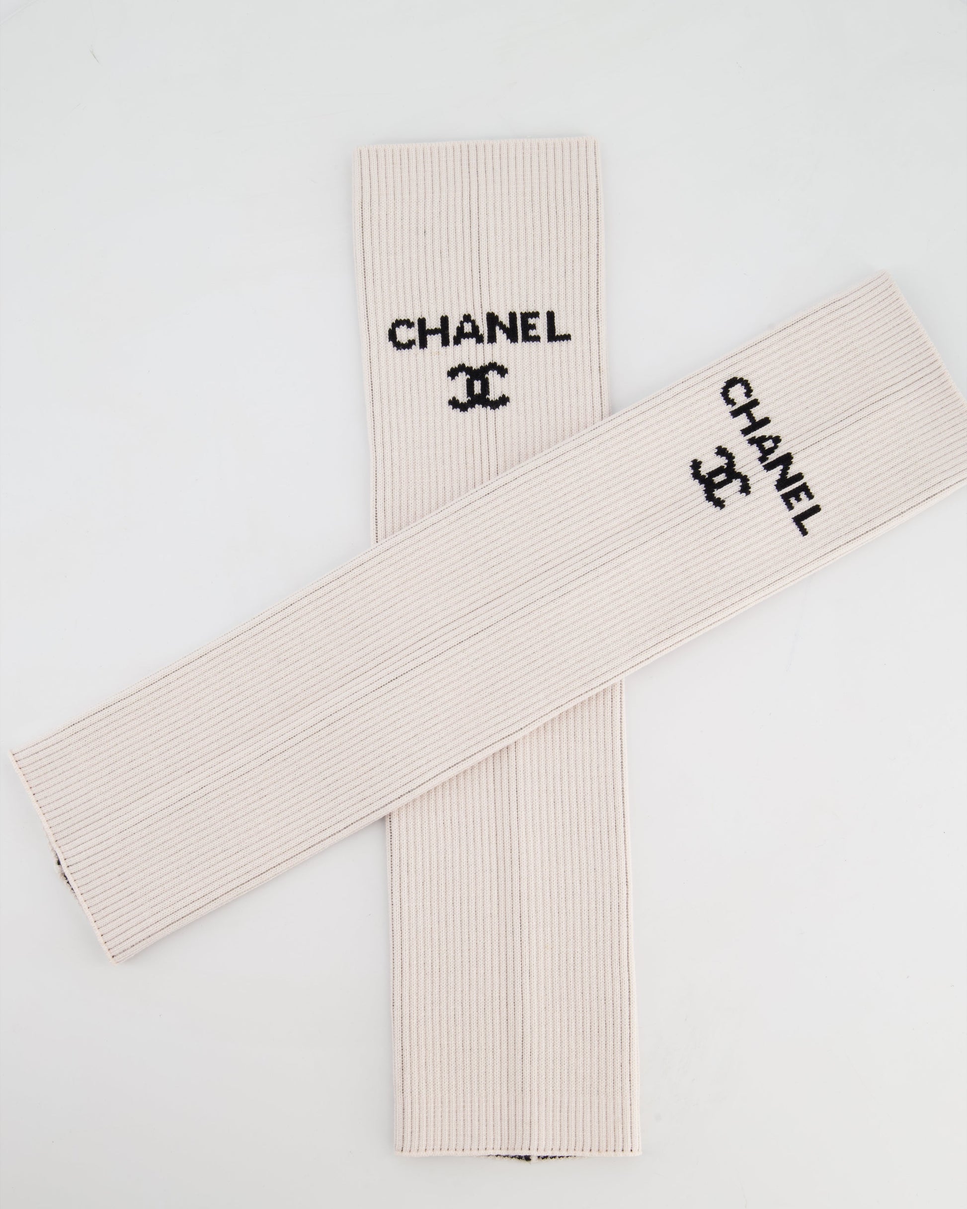 Chanel Light Pink Knit Leg Warmers with Black Logo Handbag