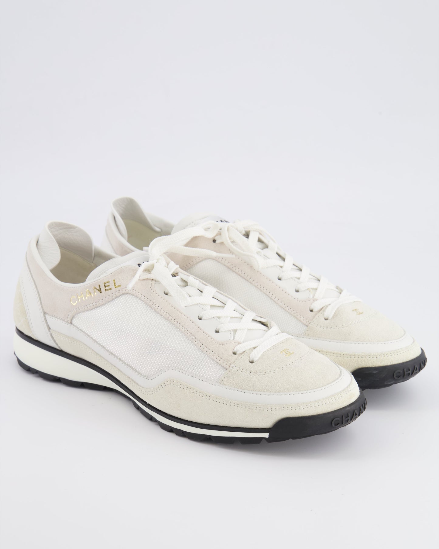 Chanel Cream Suede and Leather Trainers with Black Soles and Gold Metallic Logo Details Size Eu 38.5 Women Shoes