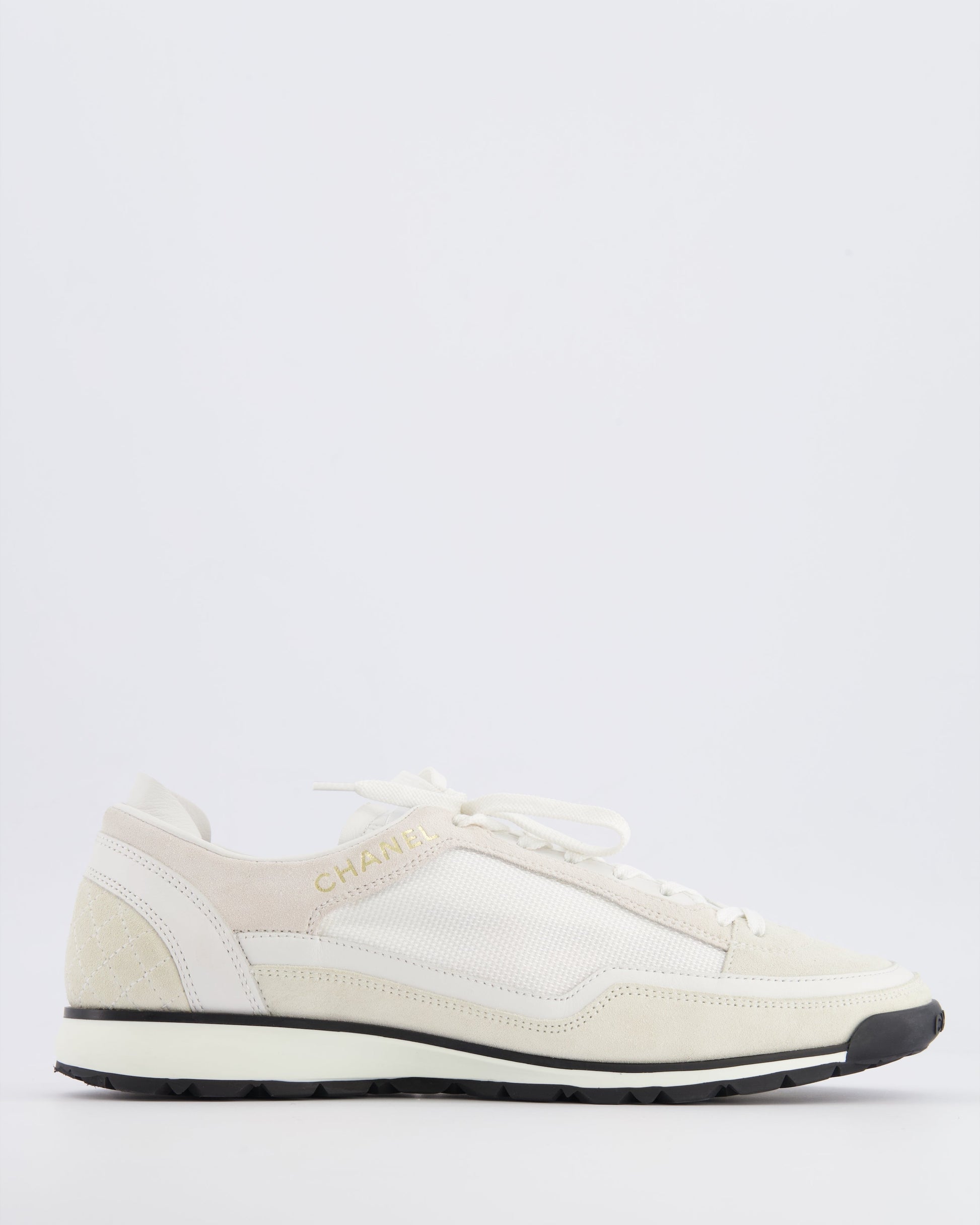 Chanel Cream Suede and Leather Trainers with Black Soles and Gold Metallic Logo Details Size EU 38.5