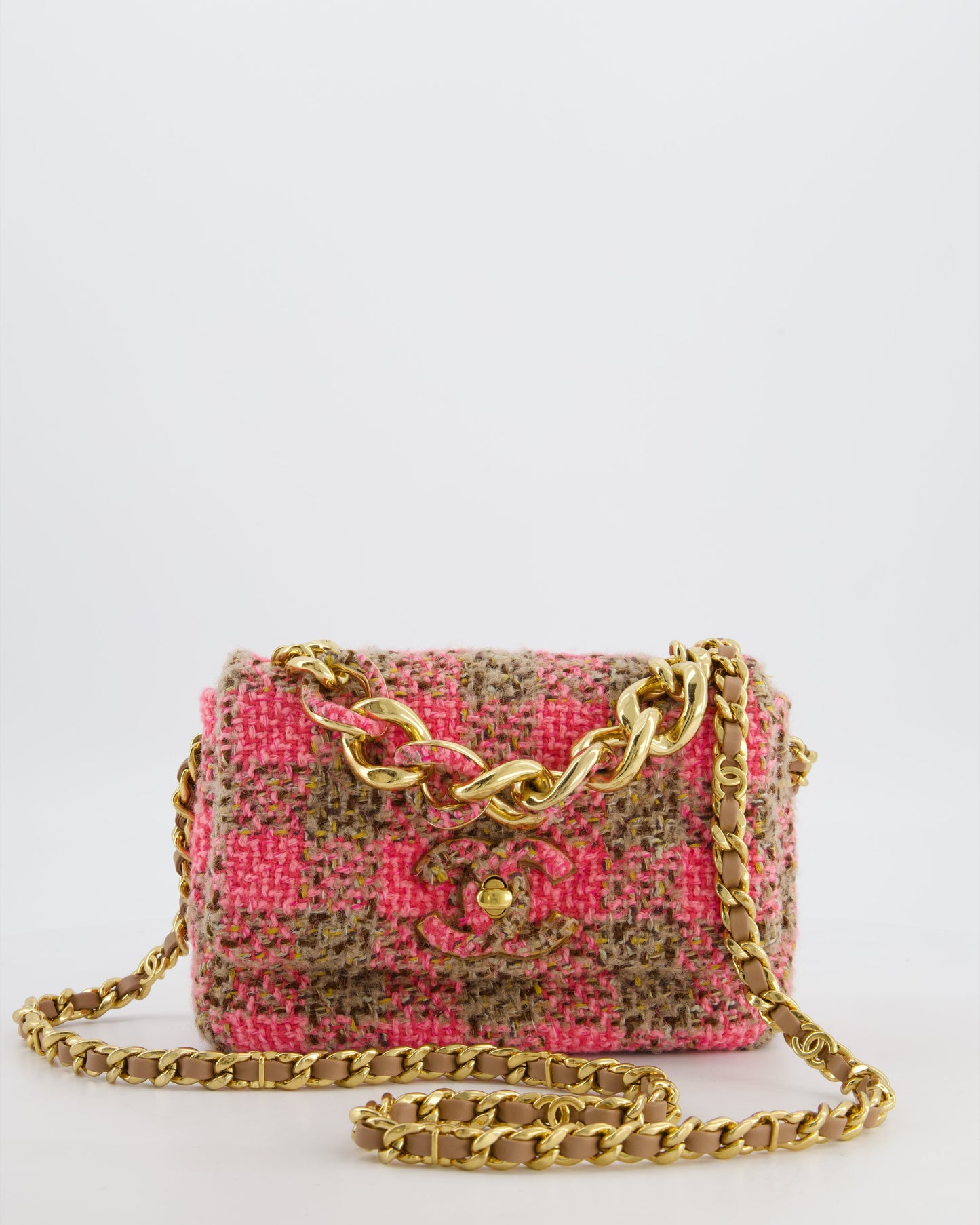 Chanel Mini 19 Flap Bag in Pink,beige Check Tweed with Gold Hardware and Chunky Gold Chain Handle