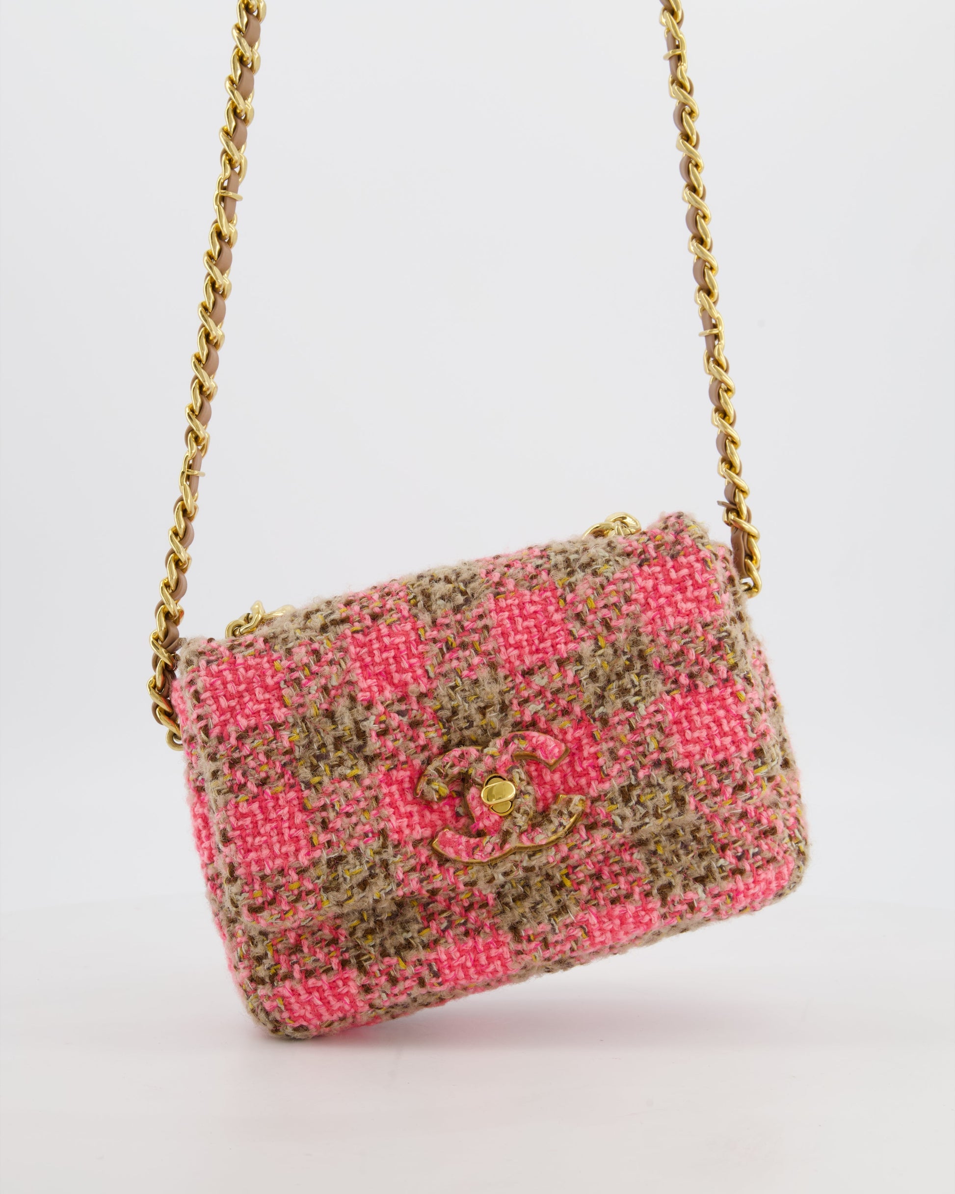 Chanel Mini 19 Flap Bag in Pink,beige Check Tweed with Gold Hardware and Chunky Gold Chain Handle