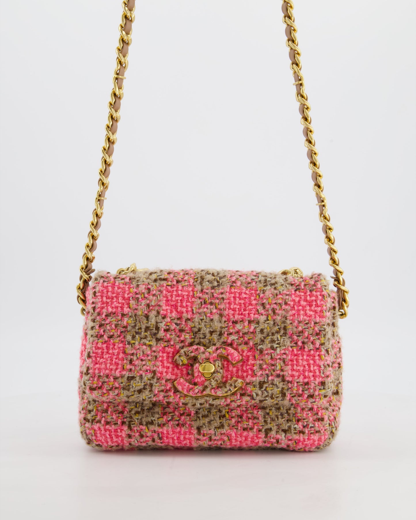 Chanel Mini 19 Flap Bag in Pink,beige Check Tweed with Gold Hardware and Chunky Gold Chain Handle