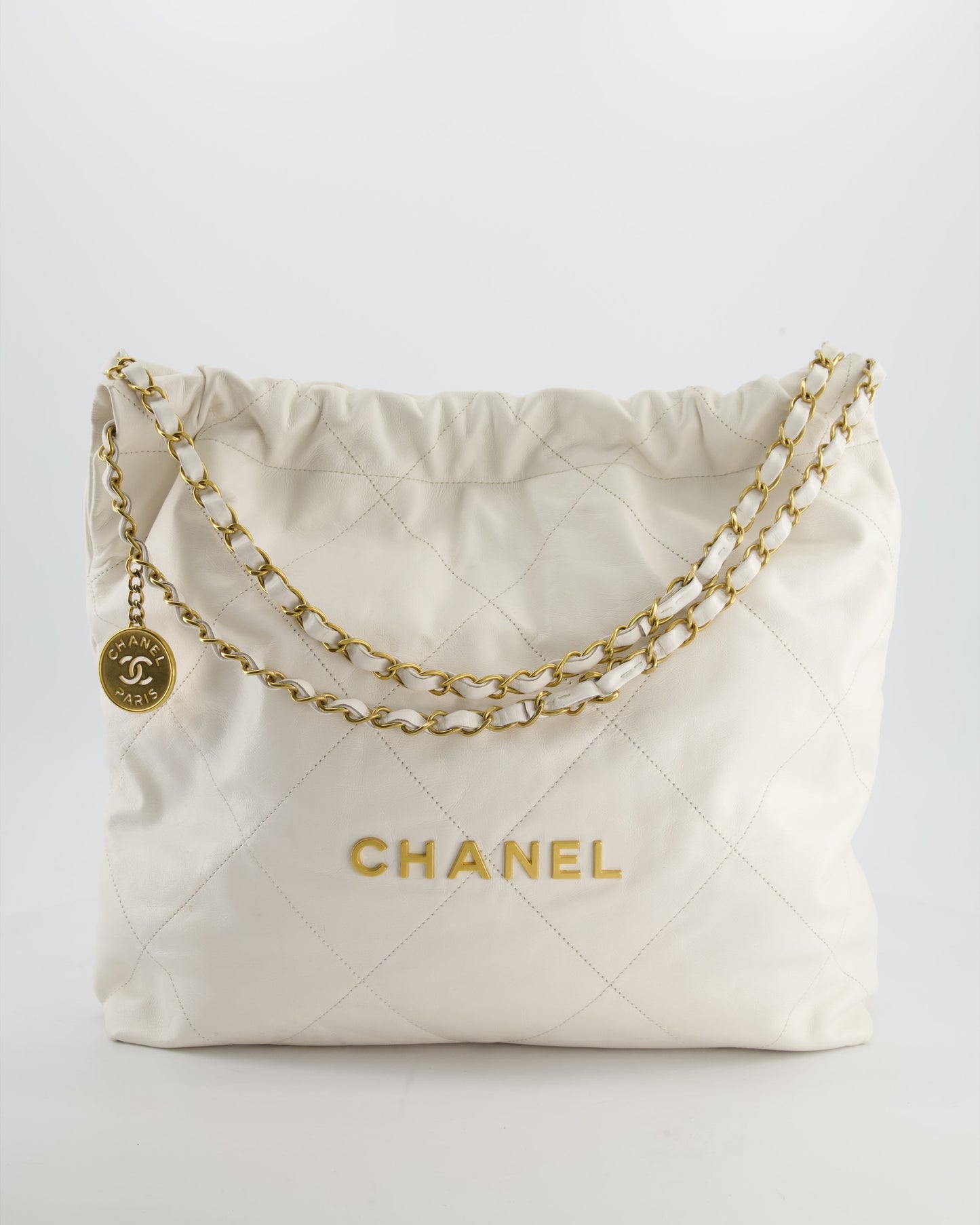 Chanel *fire Price* 22 Small Bag in White Aged Calfskin with Brushed Gold Hardware