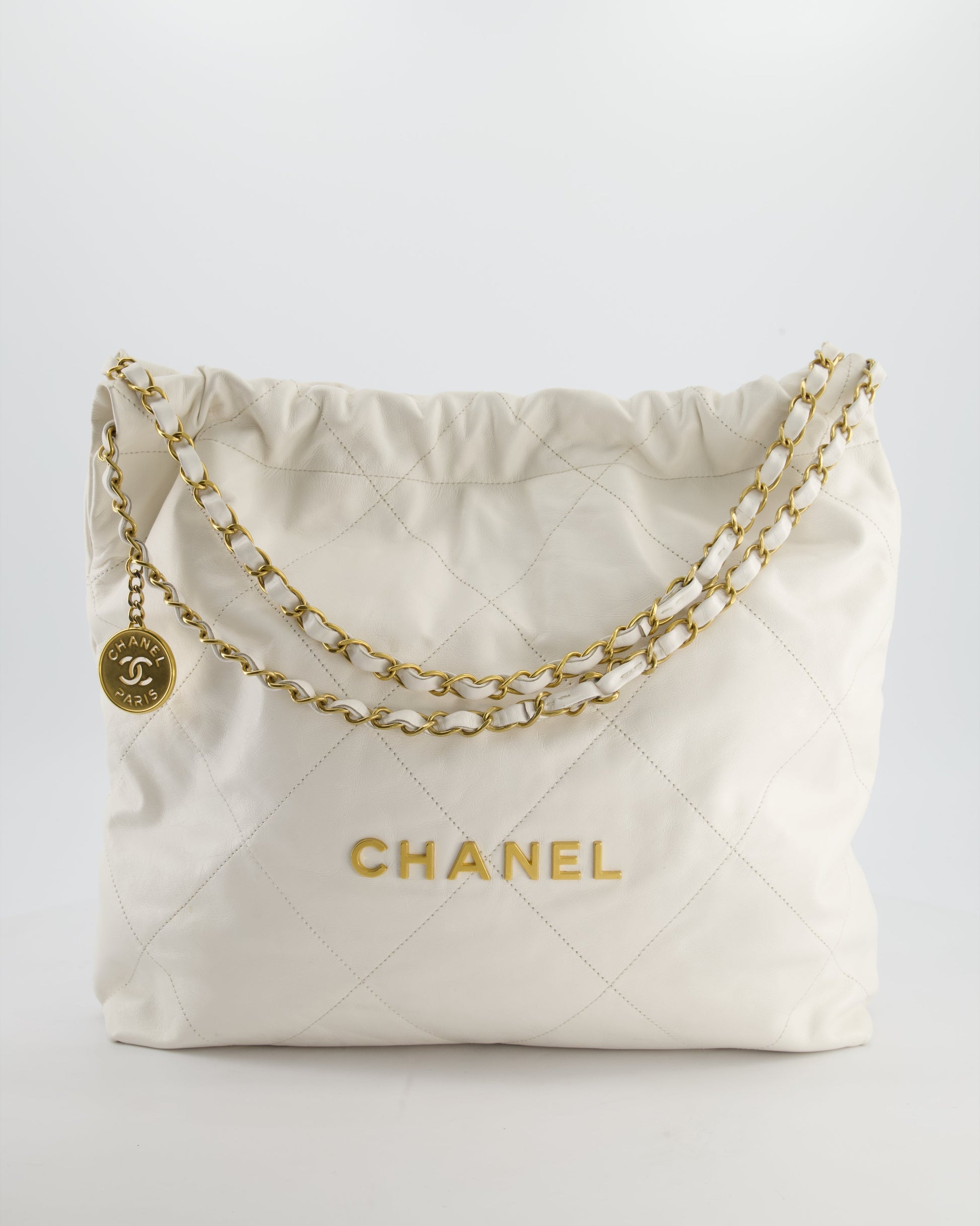 Chanel *fire Price* 22 Small Bag in White Aged Calfskin with Brushed Gold Hardware