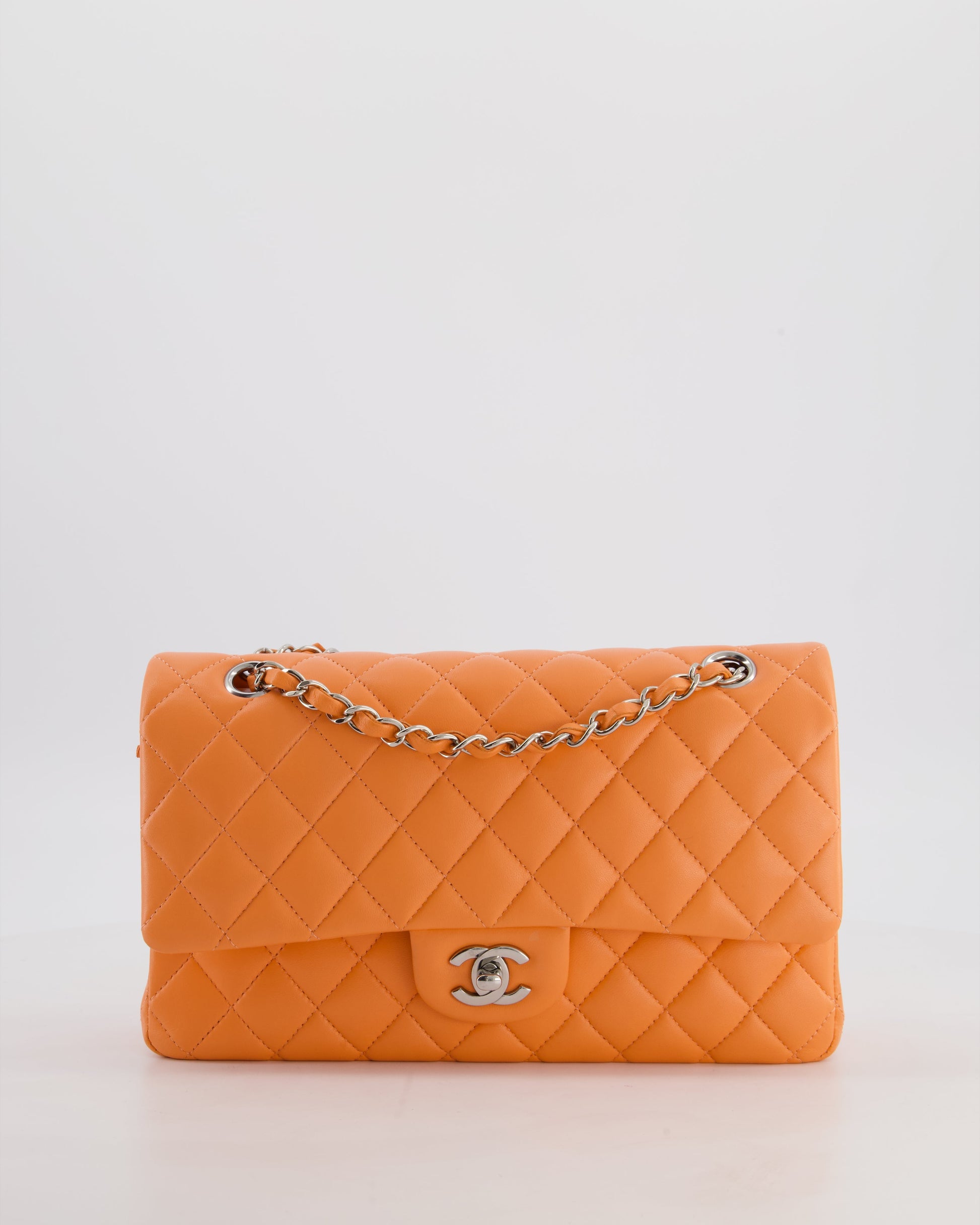 Chanel Medium Orange Classic Double Flap Bag In Lambskin Leather With Silver Hardware