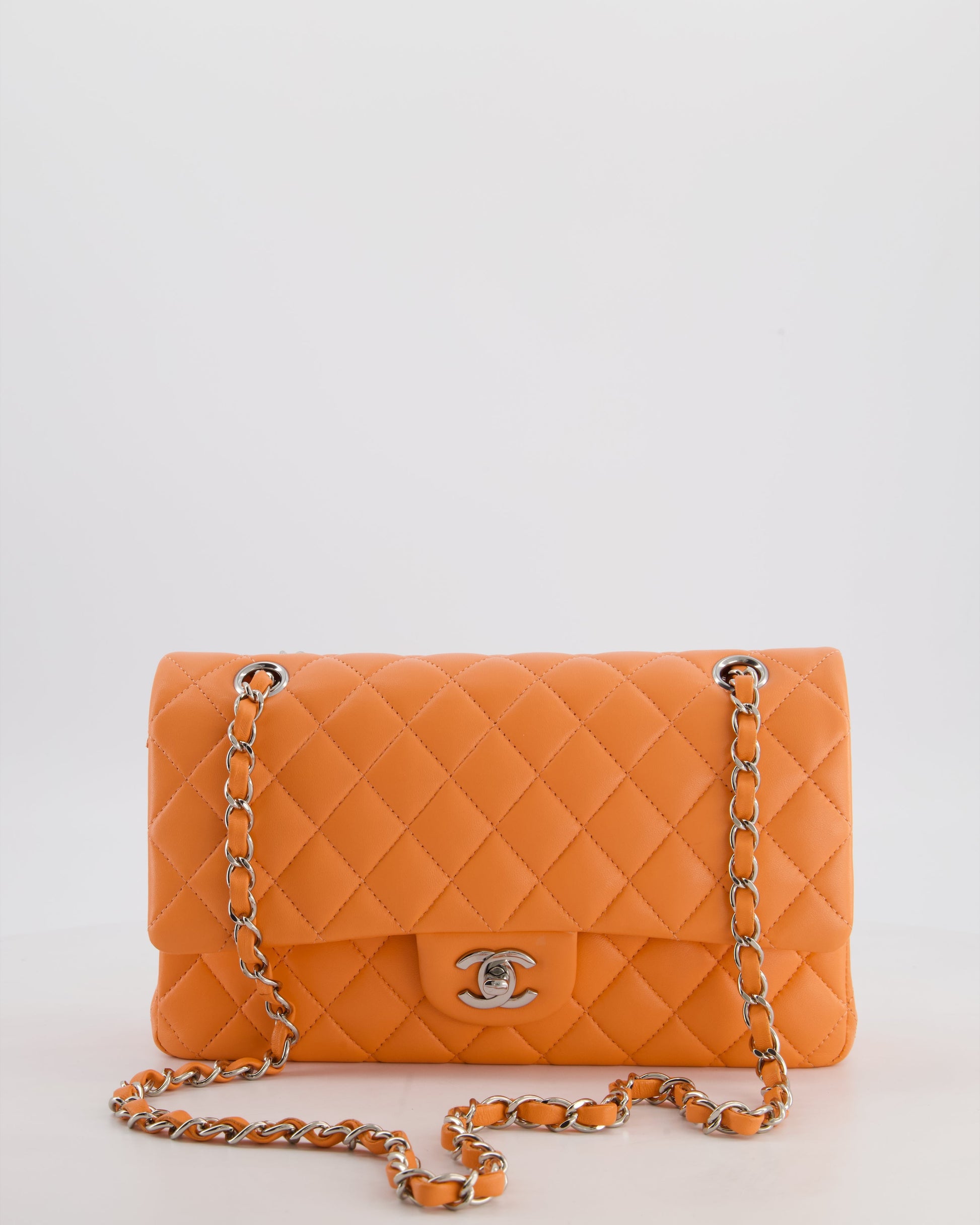 Chanel Medium Orange Classic Double Flap Bag In Lambskin Leather With Silver Hardware
