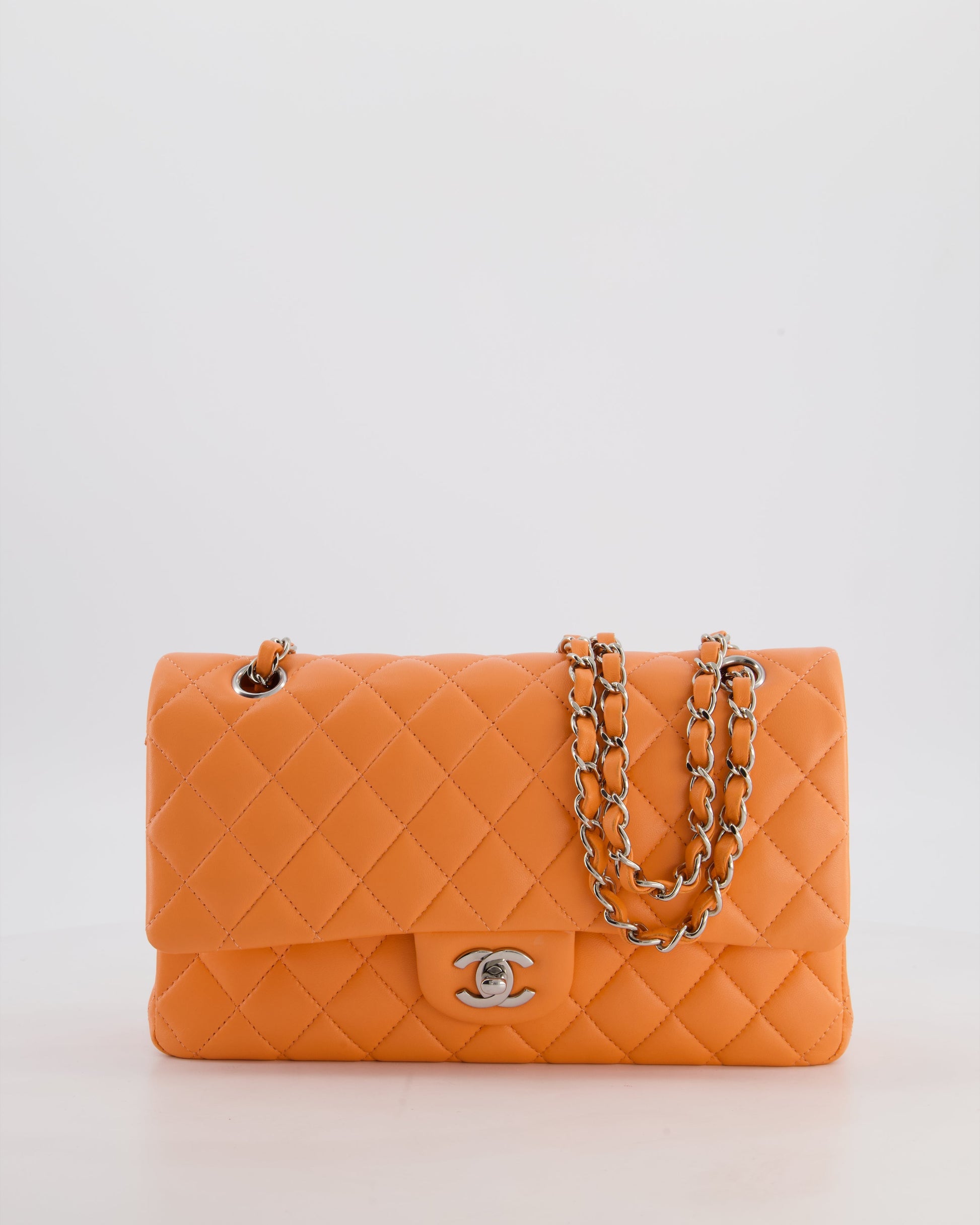 Chanel Medium Orange Classic Double Flap Bag In Lambskin Leather With Silver Hardware