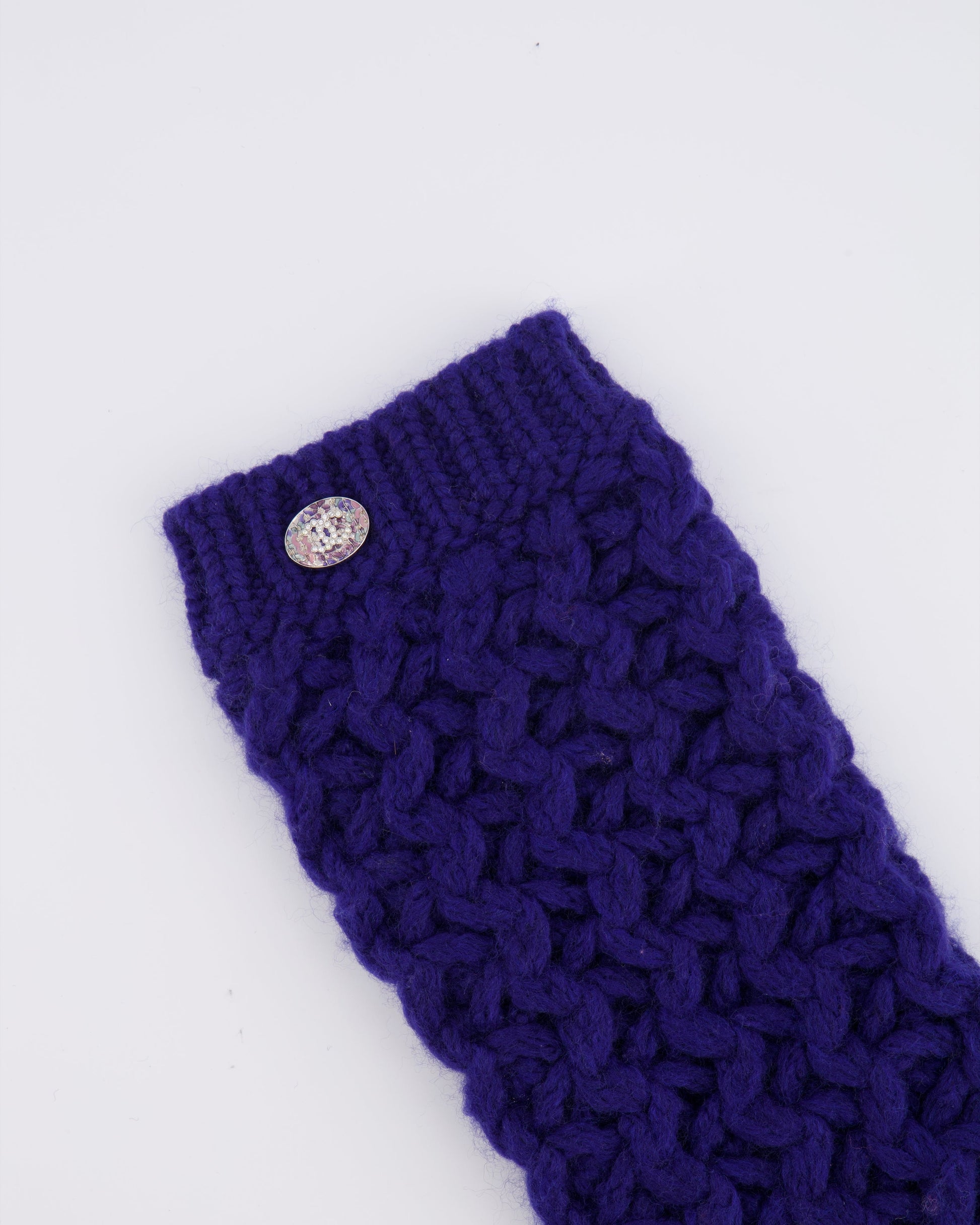 Chanel Resort 2023 Blue Knitted Wool Handwarmers with Multi Colour Crystal Embellished CC Logo Detail Size S Handbag