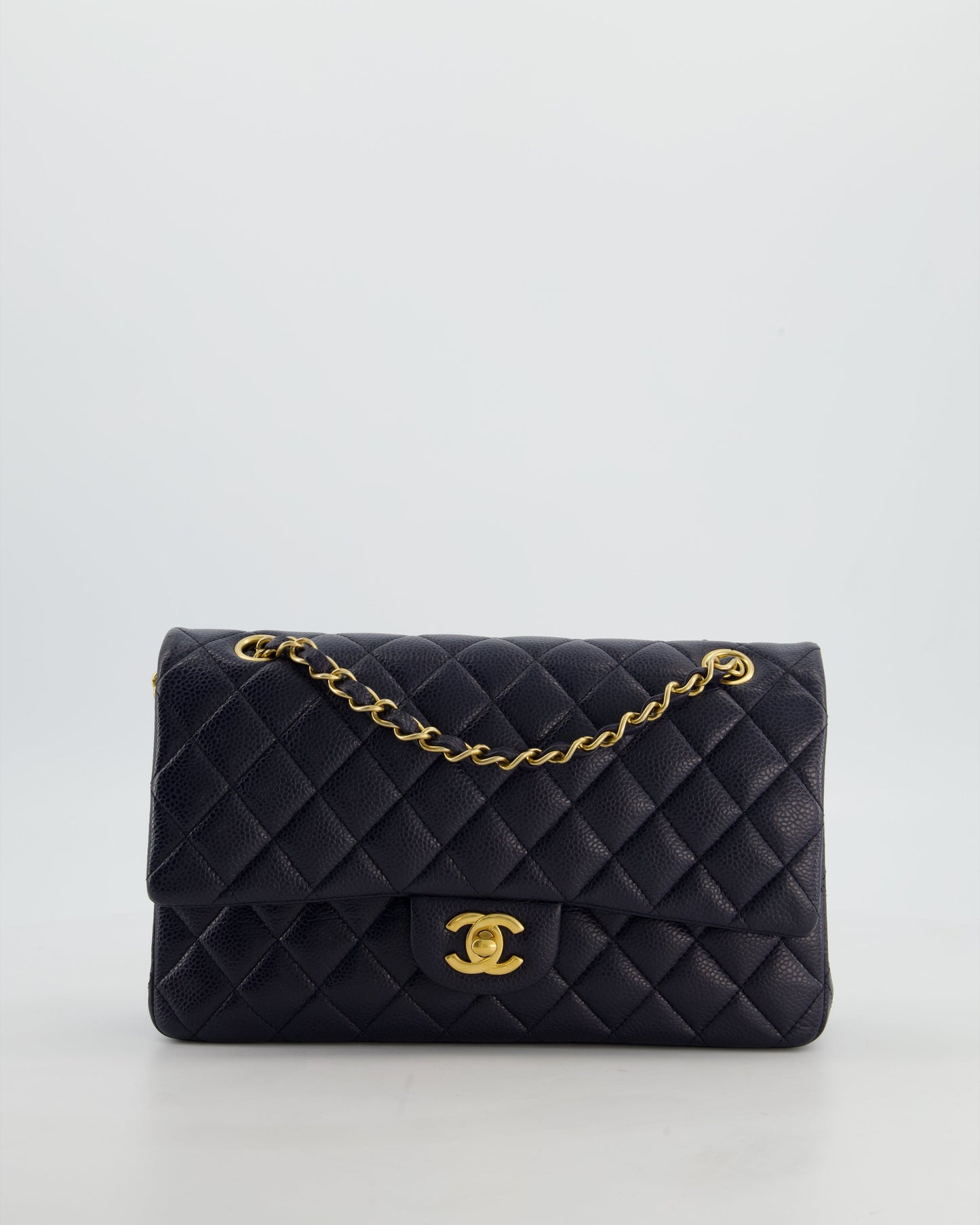 Chanel Medium Navy Classic Double Flap Bag In Lambskin Leather With Gold Hardware