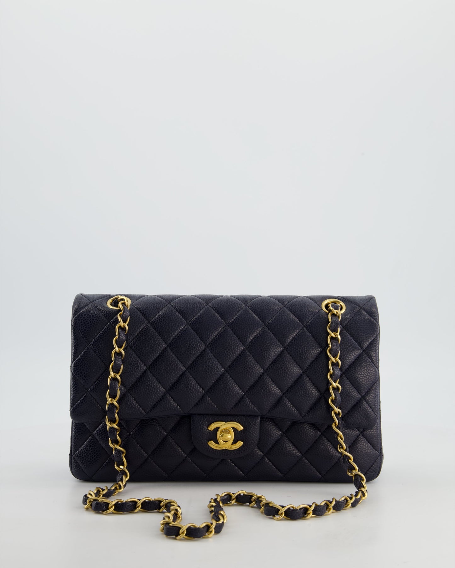 Chanel Medium Navy Classic Double Flap Bag In Lambskin Leather With Gold Hardware