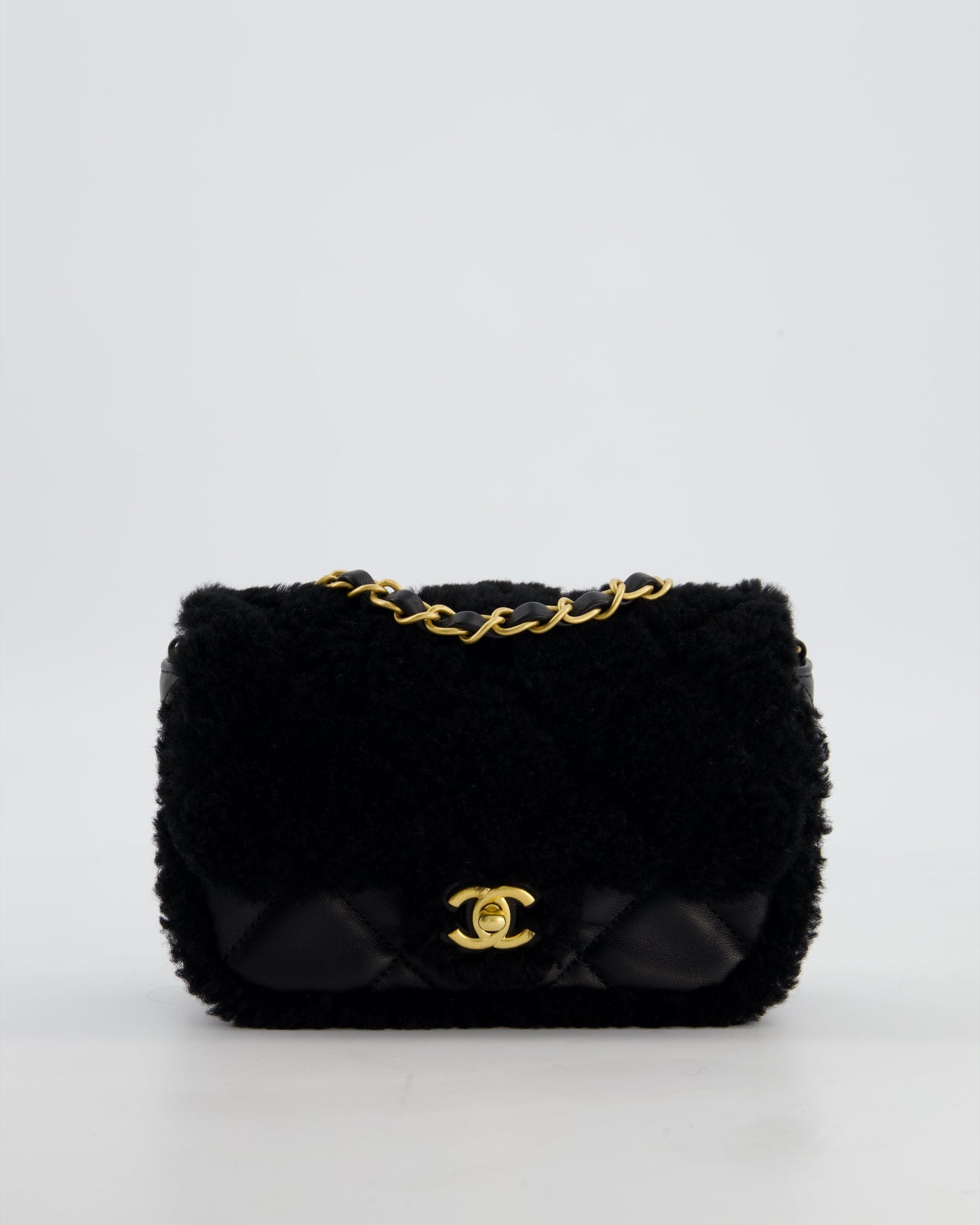 Chanel *Super Rare* Classic Mini Rectangular Shearling Flap Bag In Black Lambskin Leather With Gold Hardware