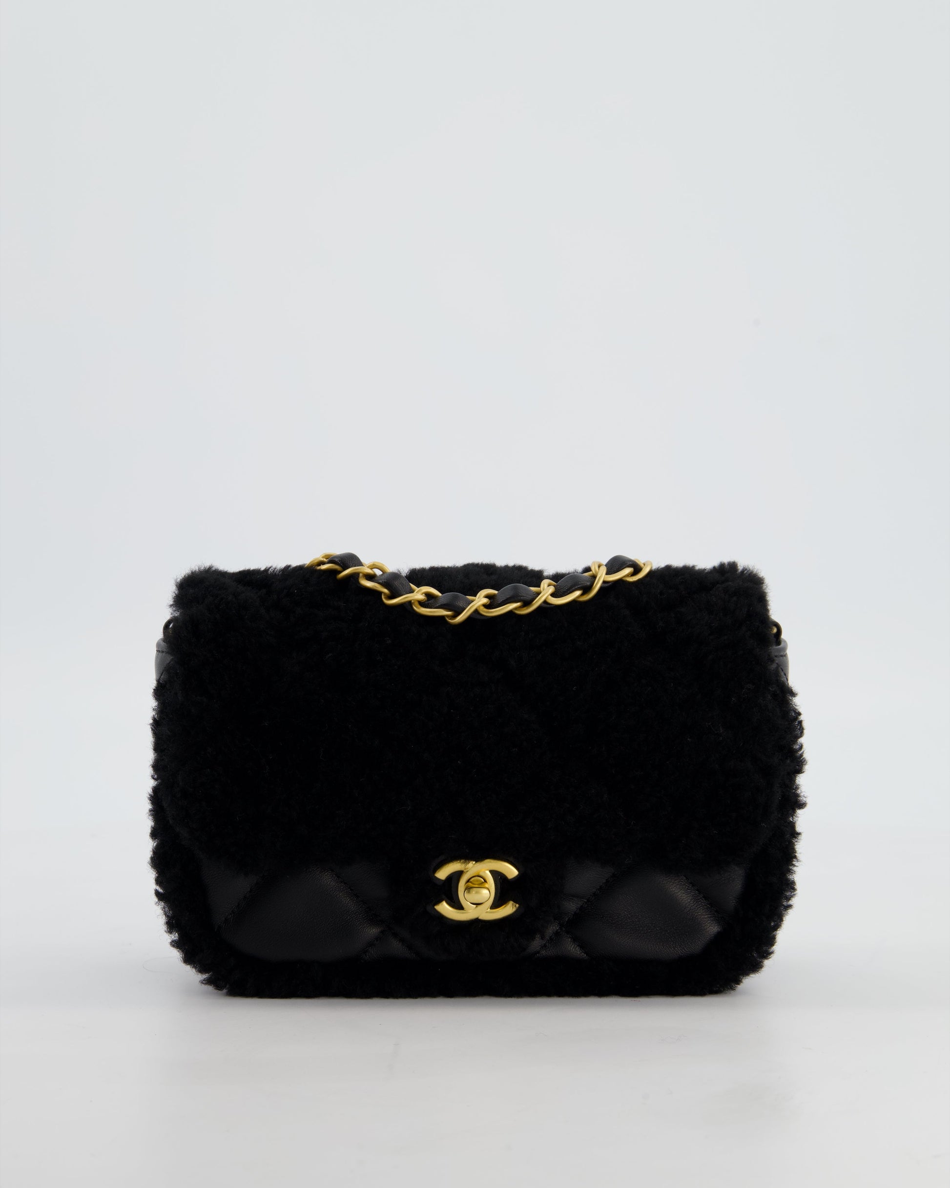 Chanel *super Rare* Classic Mini Rectangular Shearling Flap Bag in Black Lambskin Leather with Gold Hardware