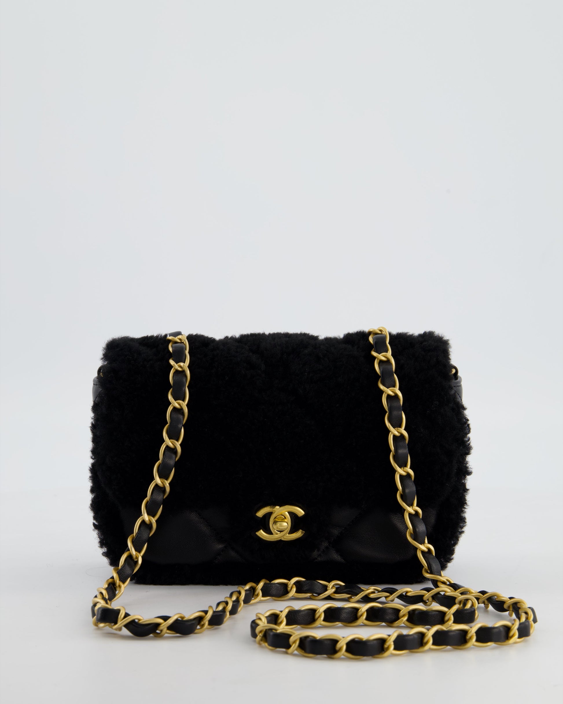 Chanel *super Rare* Classic Mini Rectangular Shearling Flap Bag in Black Lambskin Leather with Gold Hardware