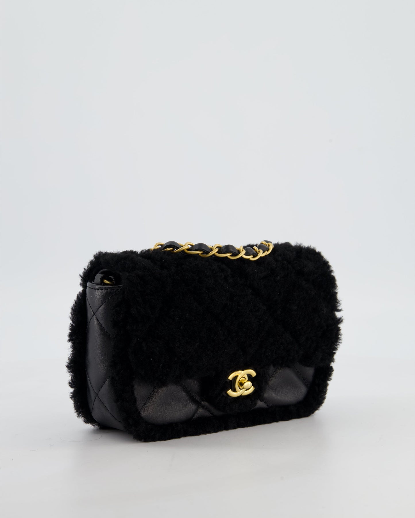 Chanel *Super Rare* Classic Mini Rectangular Shearling Flap Bag In Black Lambskin Leather With Gold Hardware
