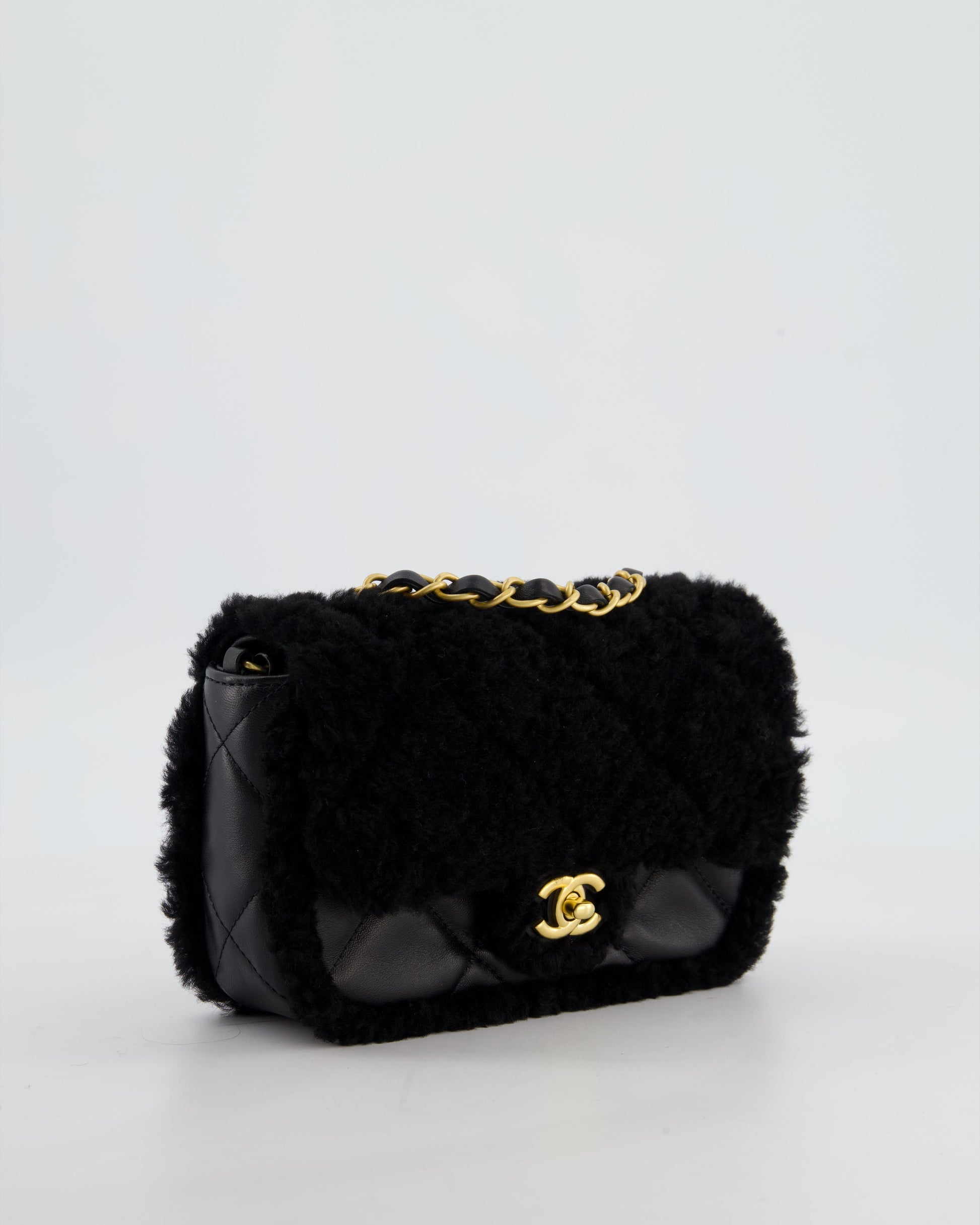 Chanel *Super Rare* Classic Mini Rectangular Shearling Flap Bag In Black Lambskin Leather With Gold Hardware