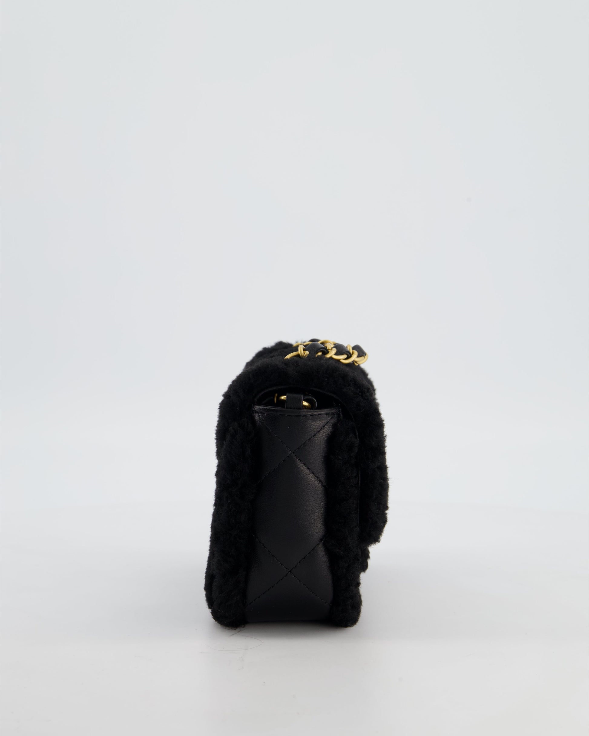 *SUPER RARE* Chanel Classic Mini Rectangular Shearling Flap Bag in Black Lambskin Leather with Gold Hardware