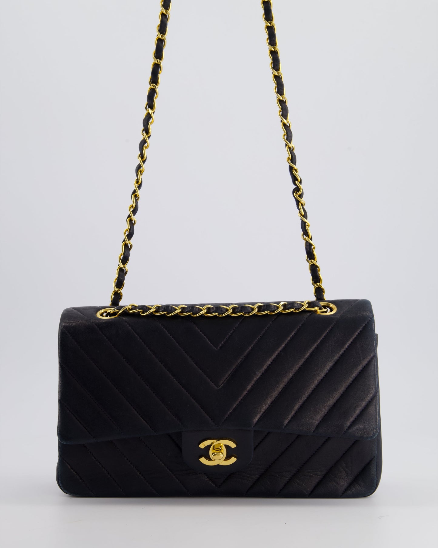 Chanel Navy   Classic Medium Chevron Double Flap Bag in Lambskin Leather with 24K Gold Hardware