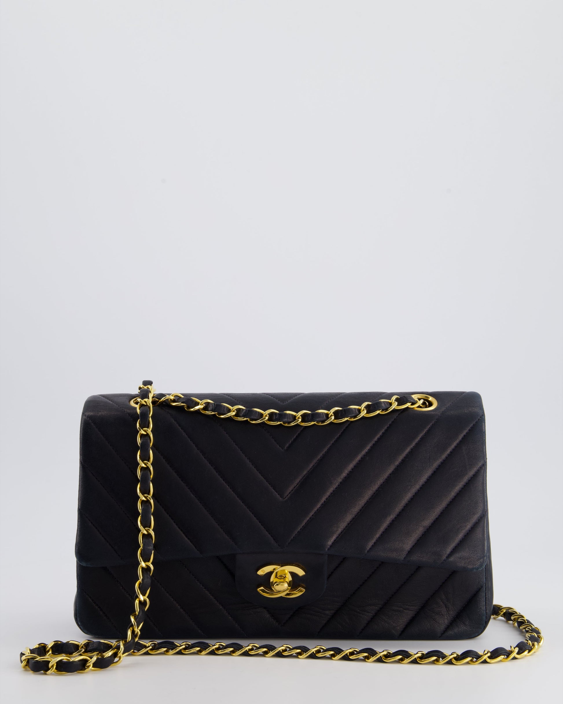 Chanel Navy Classic Medium Chevron Double Flap in Lambskin Leather with 24K Gold Hardware Women Shoes