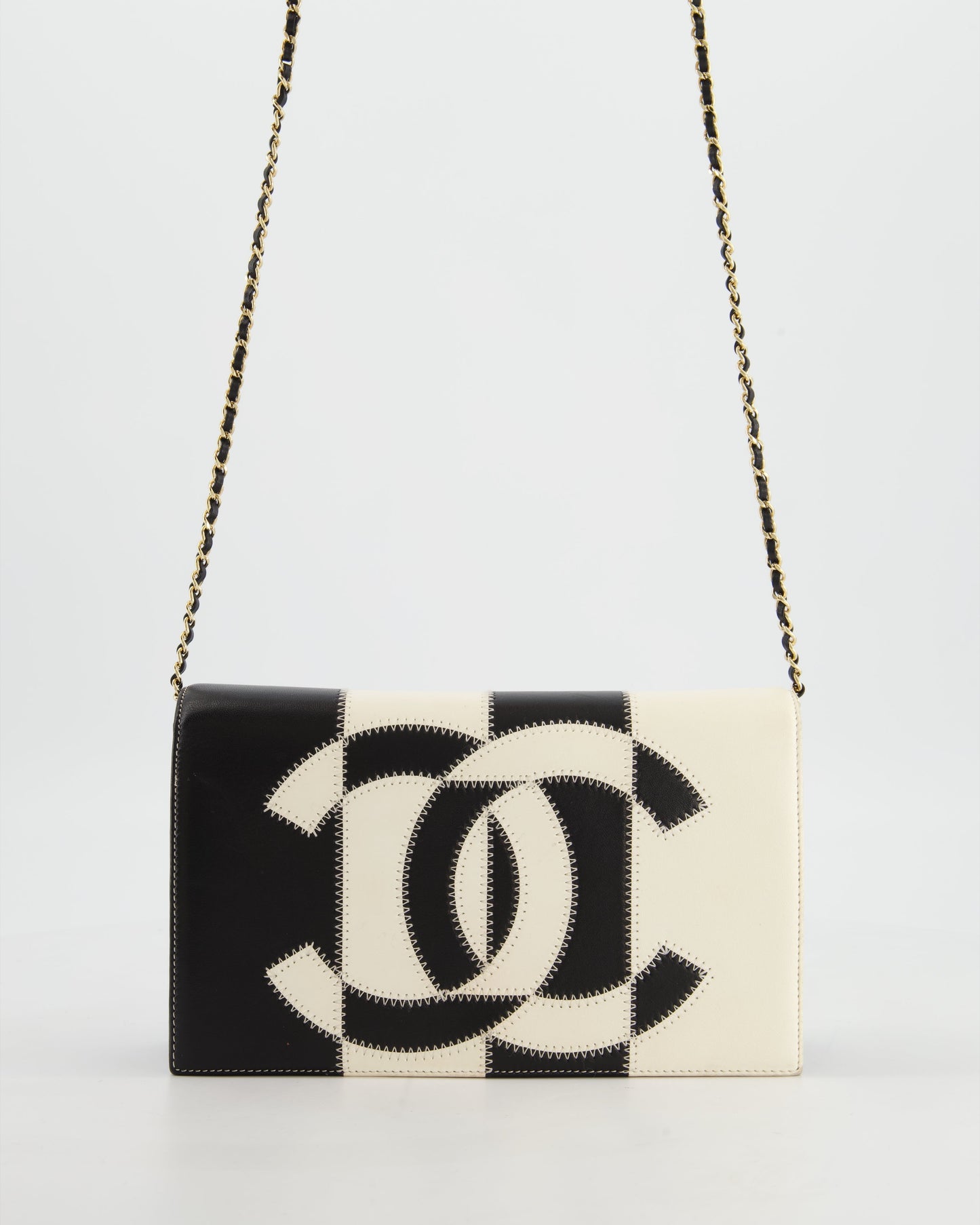 Chanel Black & White Lambskin Cc Embroidered Clutch On Chain Bag With Gold Hardware