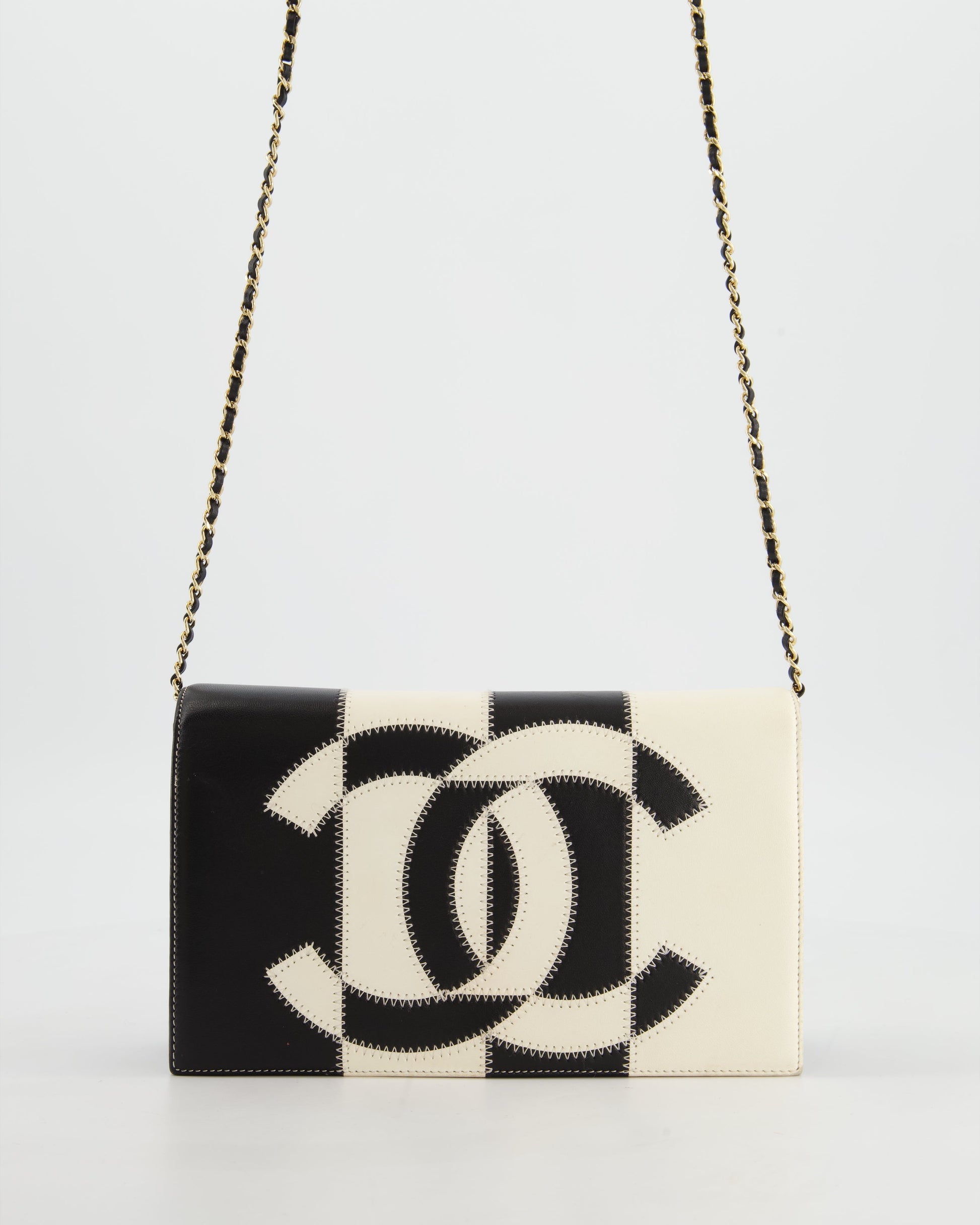 Chanel Black & White Lambskin Cc Embroidered Clutch On Chain Bag With Gold Hardware