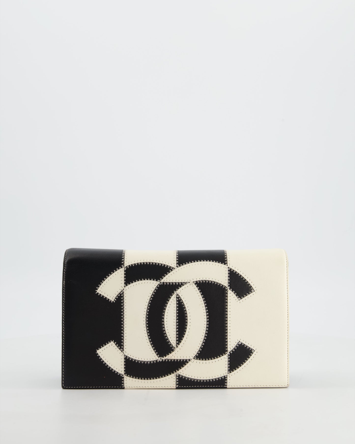 Chanel Black & White Lambskin Cc Embroidered Clutch On Chain Bag With Gold Hardware