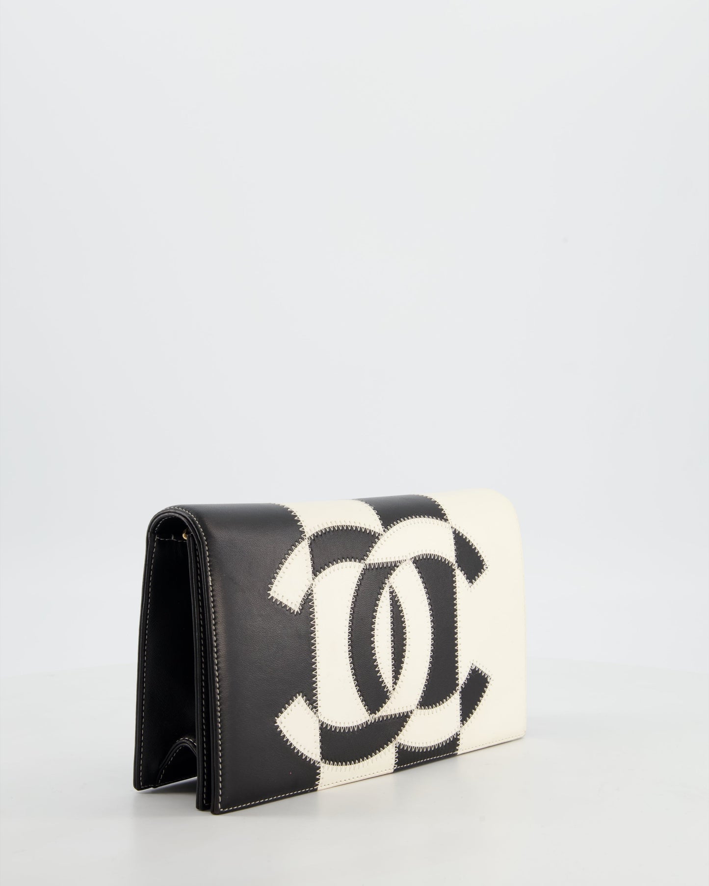 Chanel Black & White Lambskin Cc Embroidered Clutch On Chain Bag With Gold Hardware
