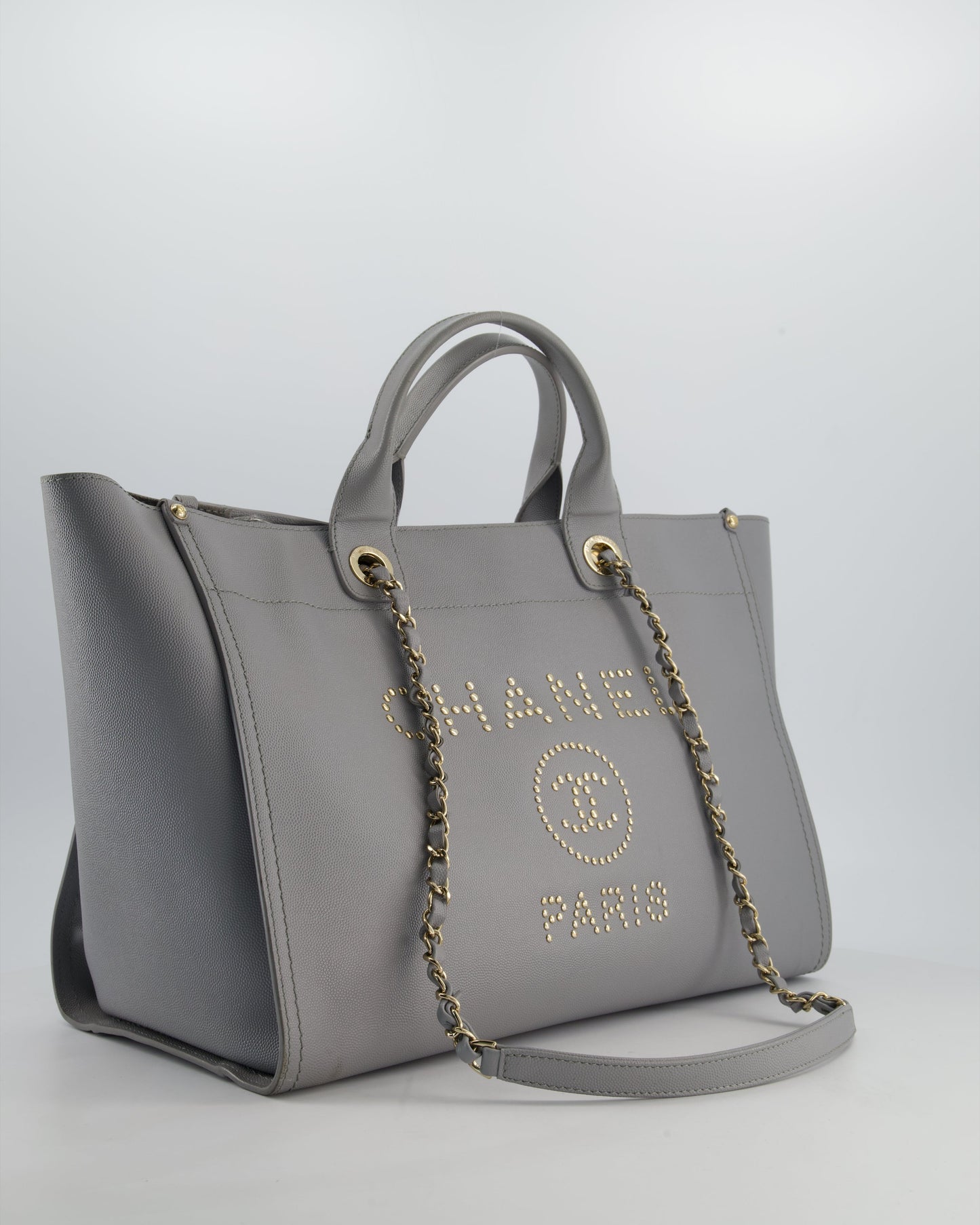 Chanel Grey Caviar Leather Medium Deauville Tote Bag With Champagne Gold Hardware