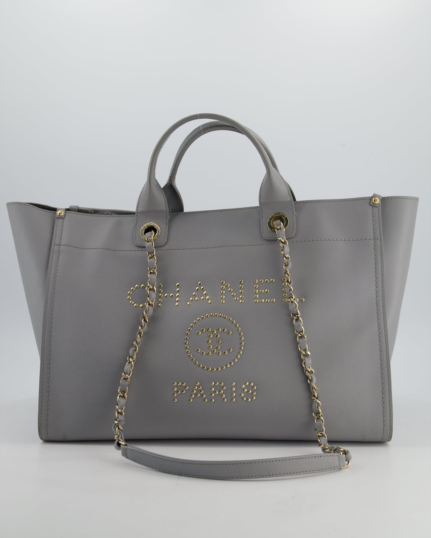 Chanel Grey Caviar Leather Medium Deauville Tote Bag With Champagne Gold Hardware