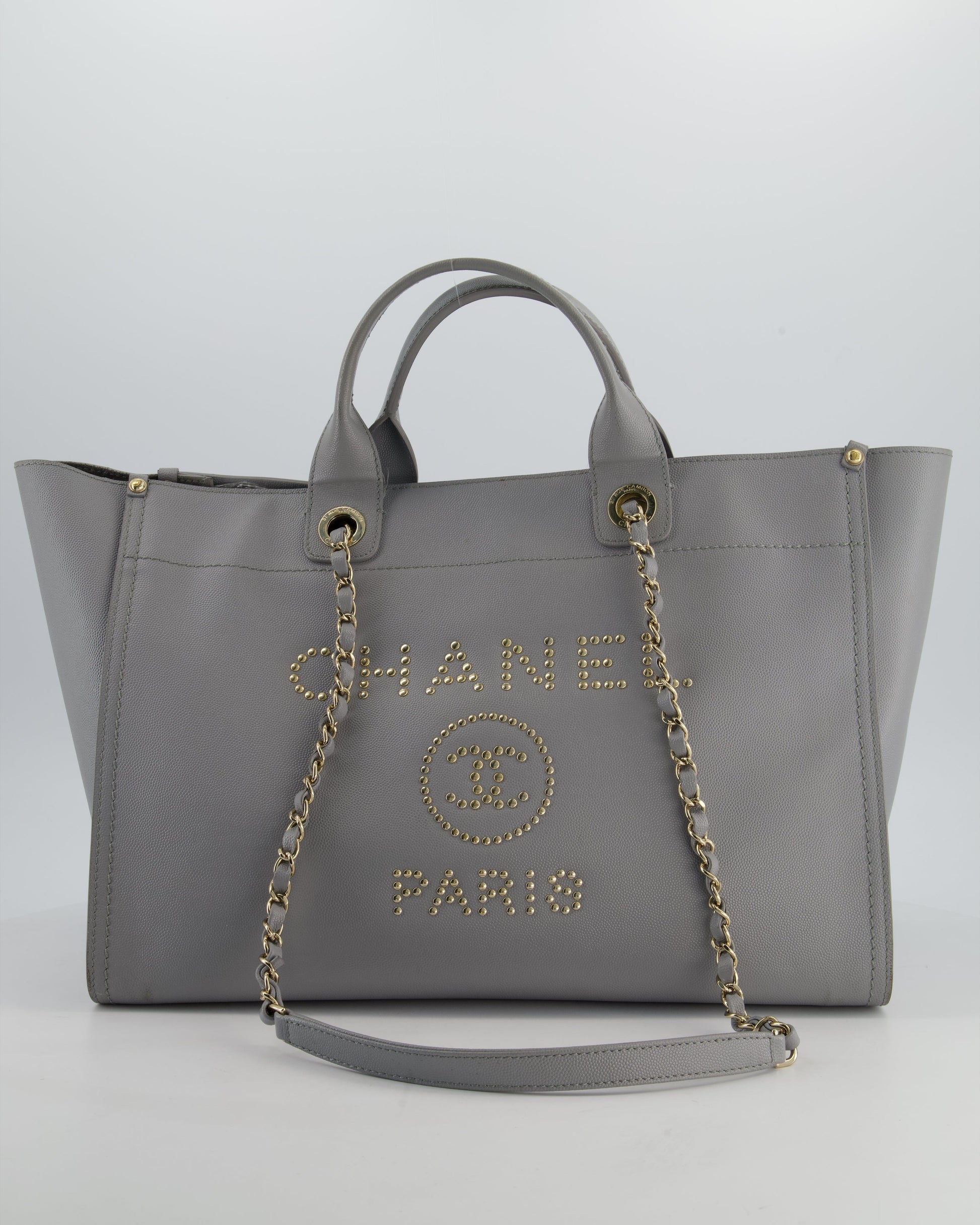 Chanel Grey Caviar Leather Medium Deauville Tote Bag With Champagne Gold Hardware
