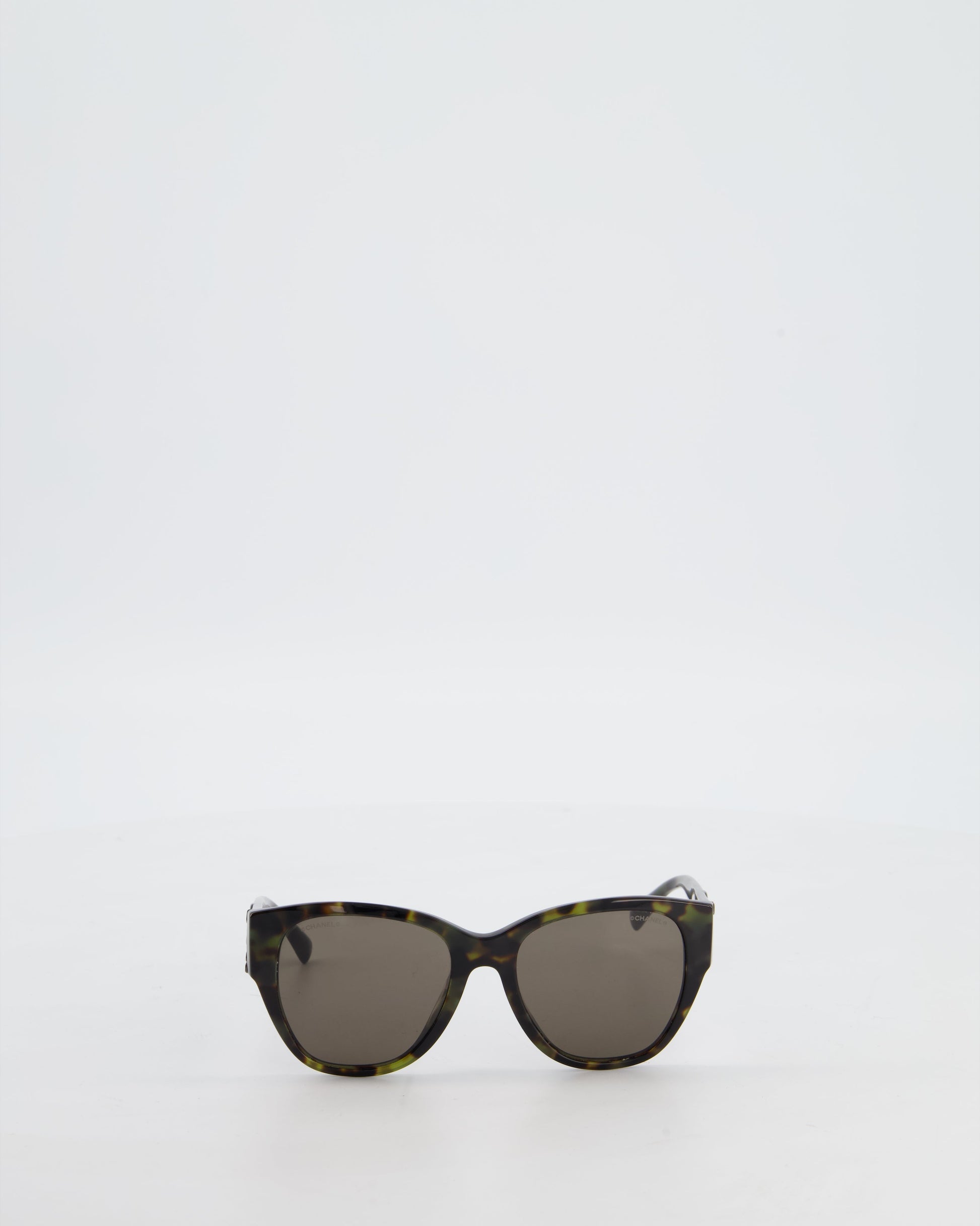 Chanel Dark Green and Brown Marble Butterfly Sunglasses with CC Logo Detail and Silver Hardware