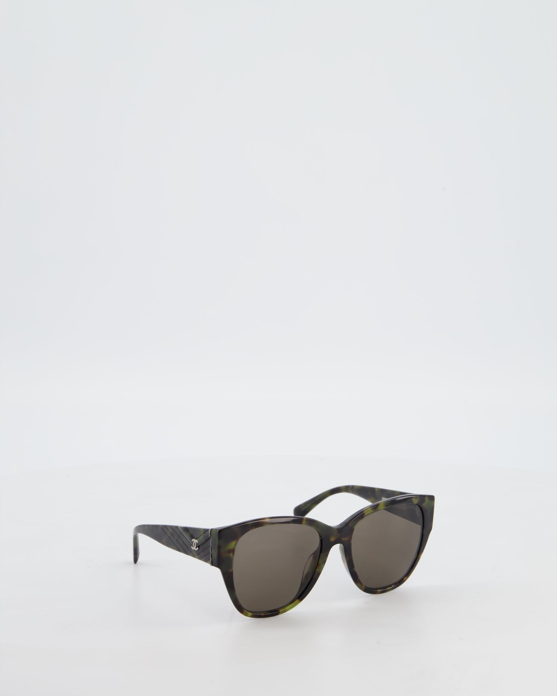 Chanel Dark Green and Brown Marble Butterfly Sunglasses with CC Logo Detail and Silver Hardware