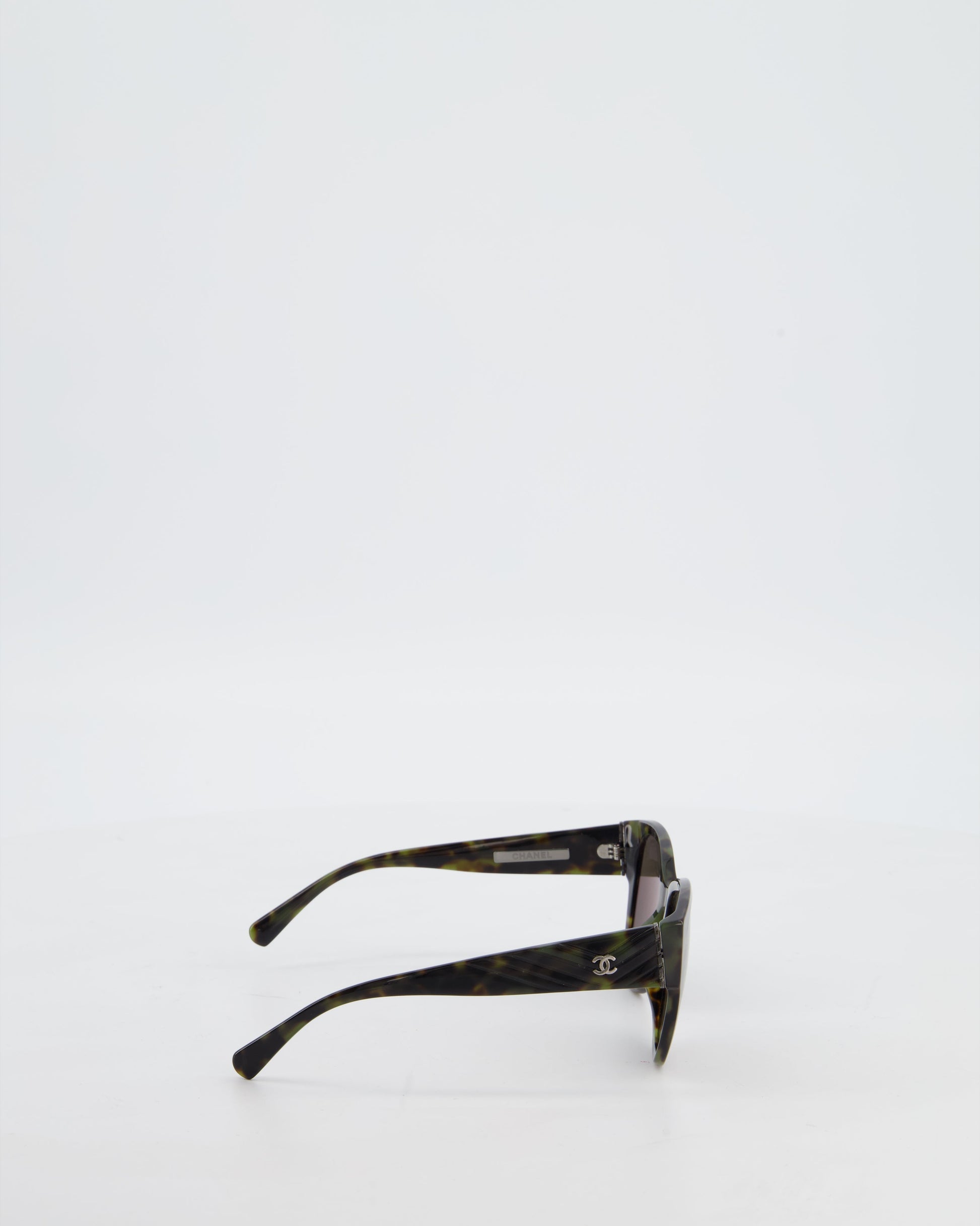 Chanel Dark Green and Brown Marble Butterfly Sunglasses with CC Logo Detail and Silver Hardware