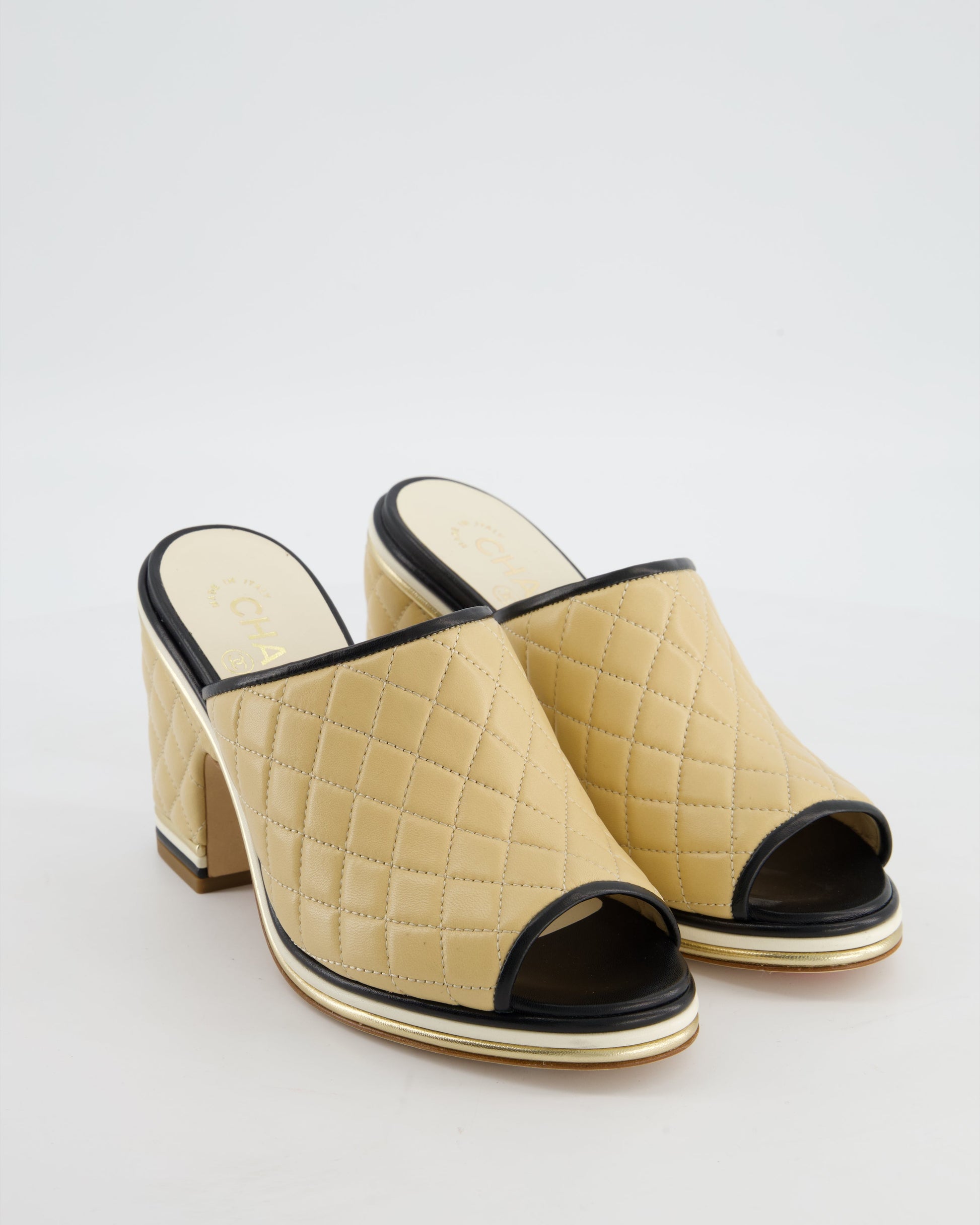 Chanel Beige And Black Quilted Leather Heel Mules With Cc Black Logo Detail Size Eu 37