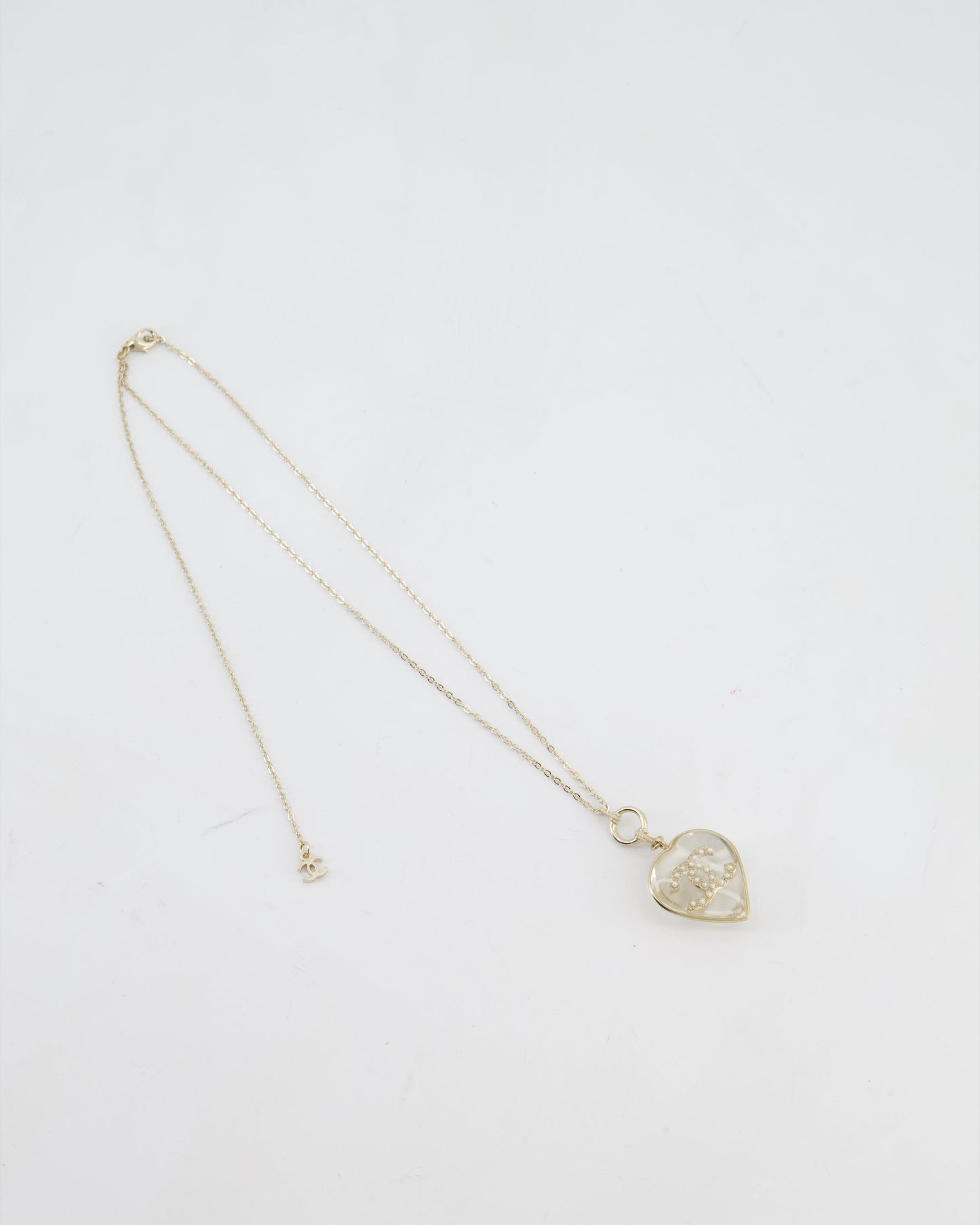 Chanel 16/p Gold CC Coco Heart Resin Pendant Chain Necklace with Pearl Details