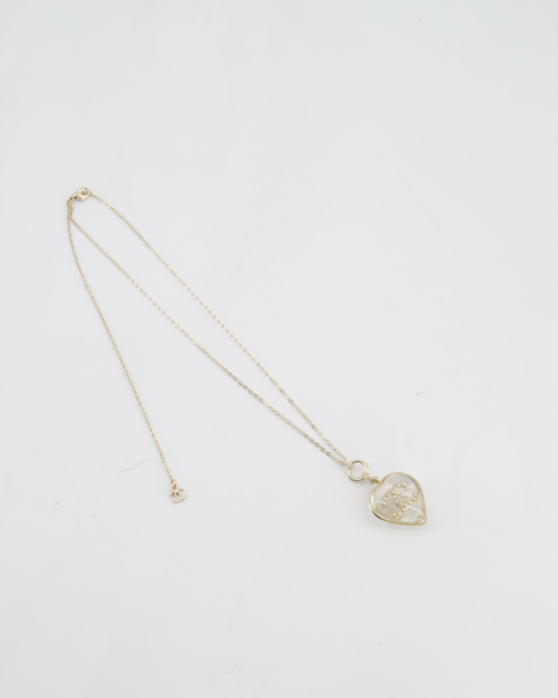 Chanel 16/p Gold CC Coco Heart Resin Pendant Chain Necklace with Pearl Details