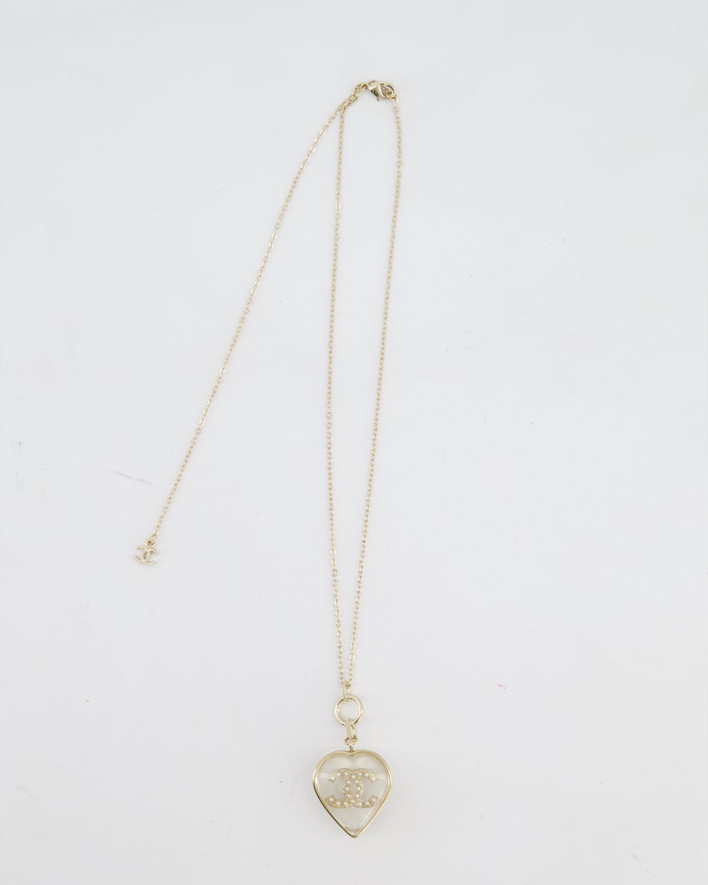 Chanel 16/p Gold CC Coco Heart Resin Pendant Chain Necklace with Pearl Details
