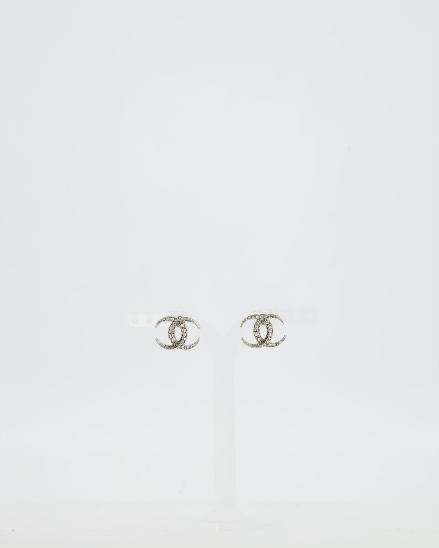 Chanel Silver Cc Stud Earrings With Crystal Details