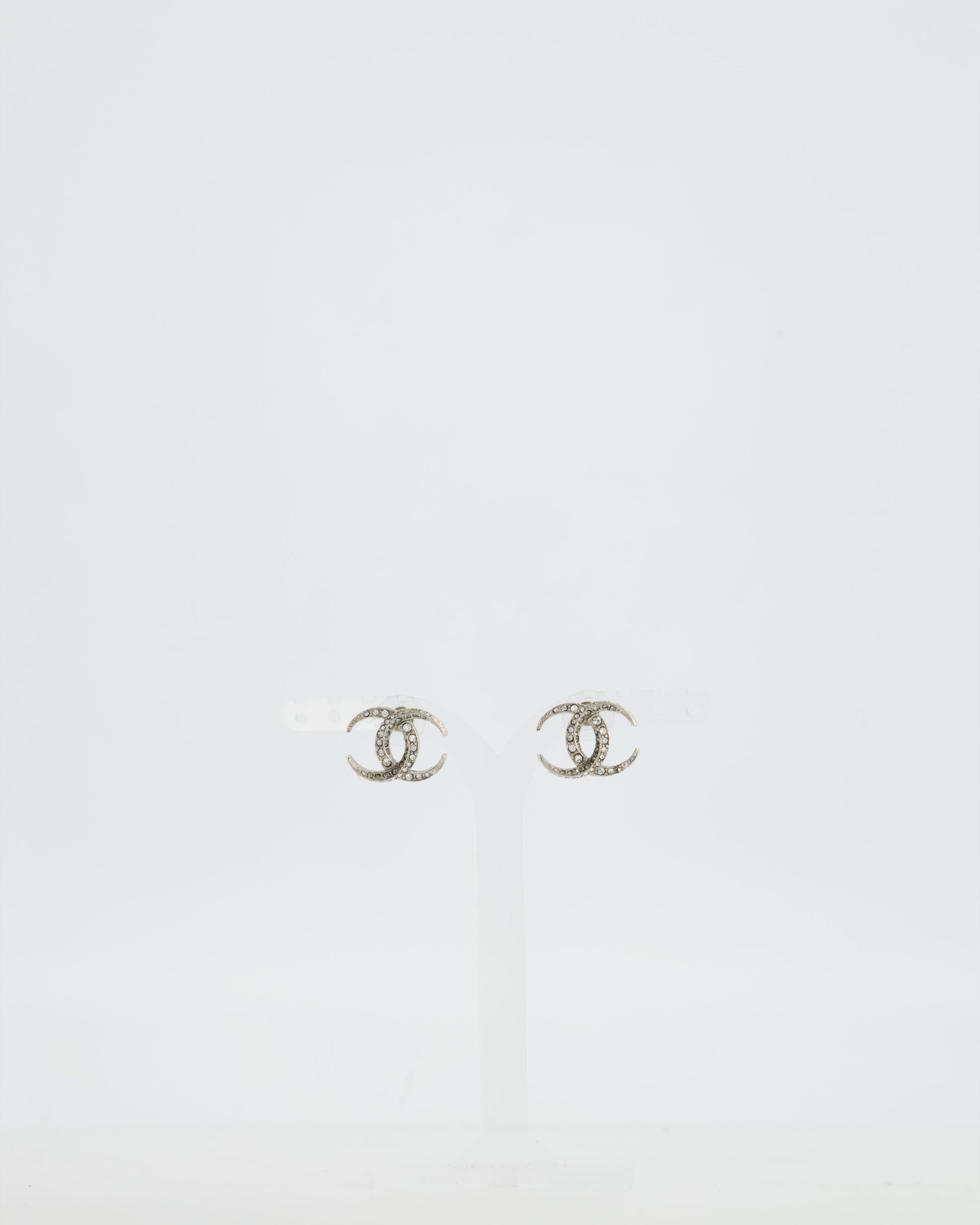 Chanel Silver Cc Stud Earrings With Crystal Details